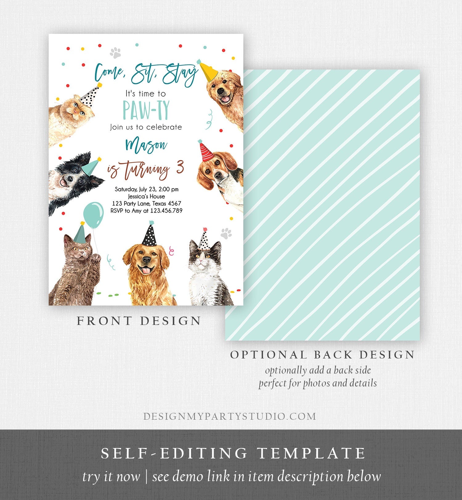 Editable Cats and Dogs Birthday Invitation Cat Dog Birthday Party Invite Boy Kitten Puppy Pawty Download Printable Template Corjl 0384