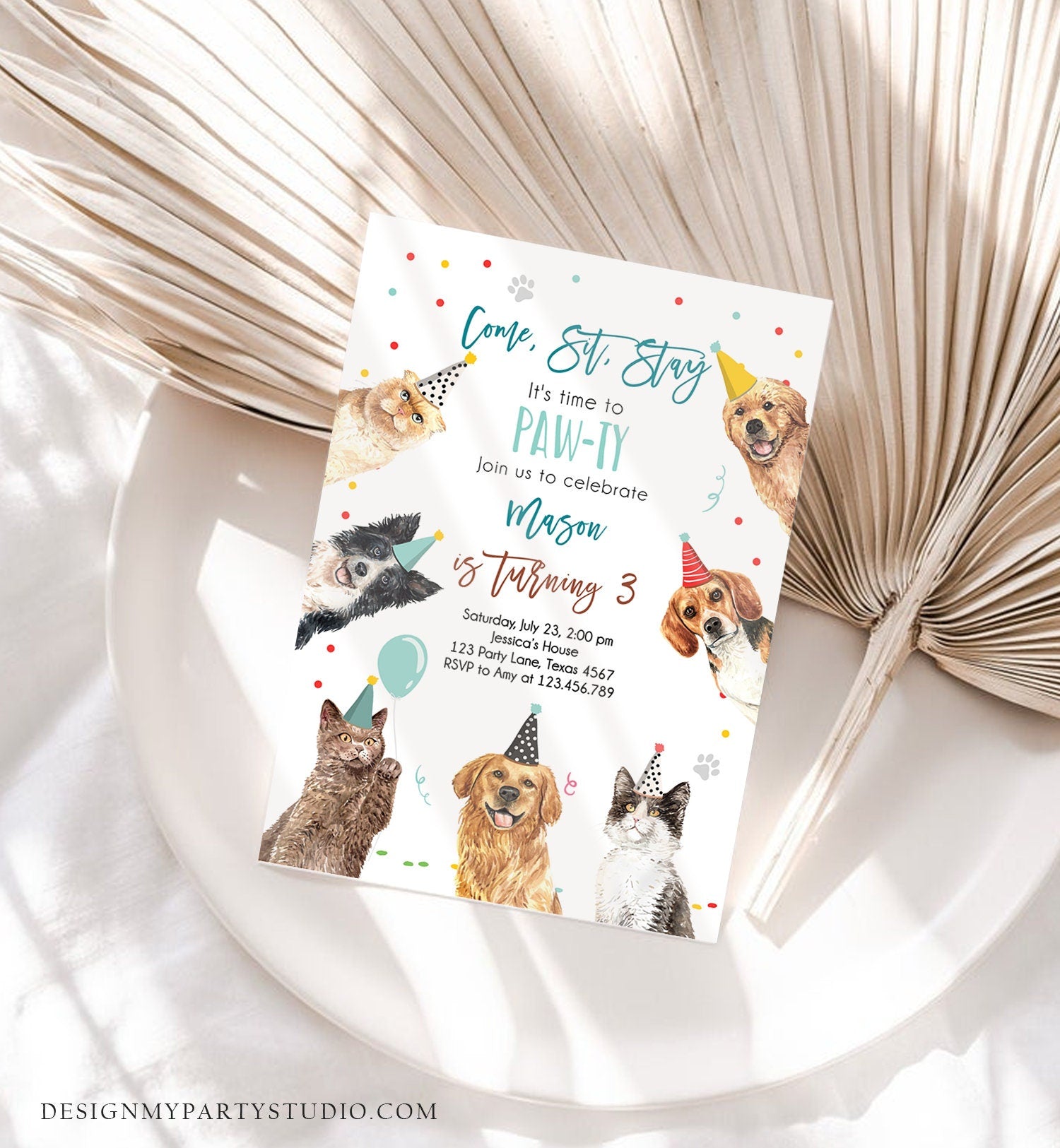 Editable Cats and Dogs Birthday Invitation Cat Dog Birthday Party Invite Boy Kitten Puppy Pawty Download Printable Template Corjl 0384