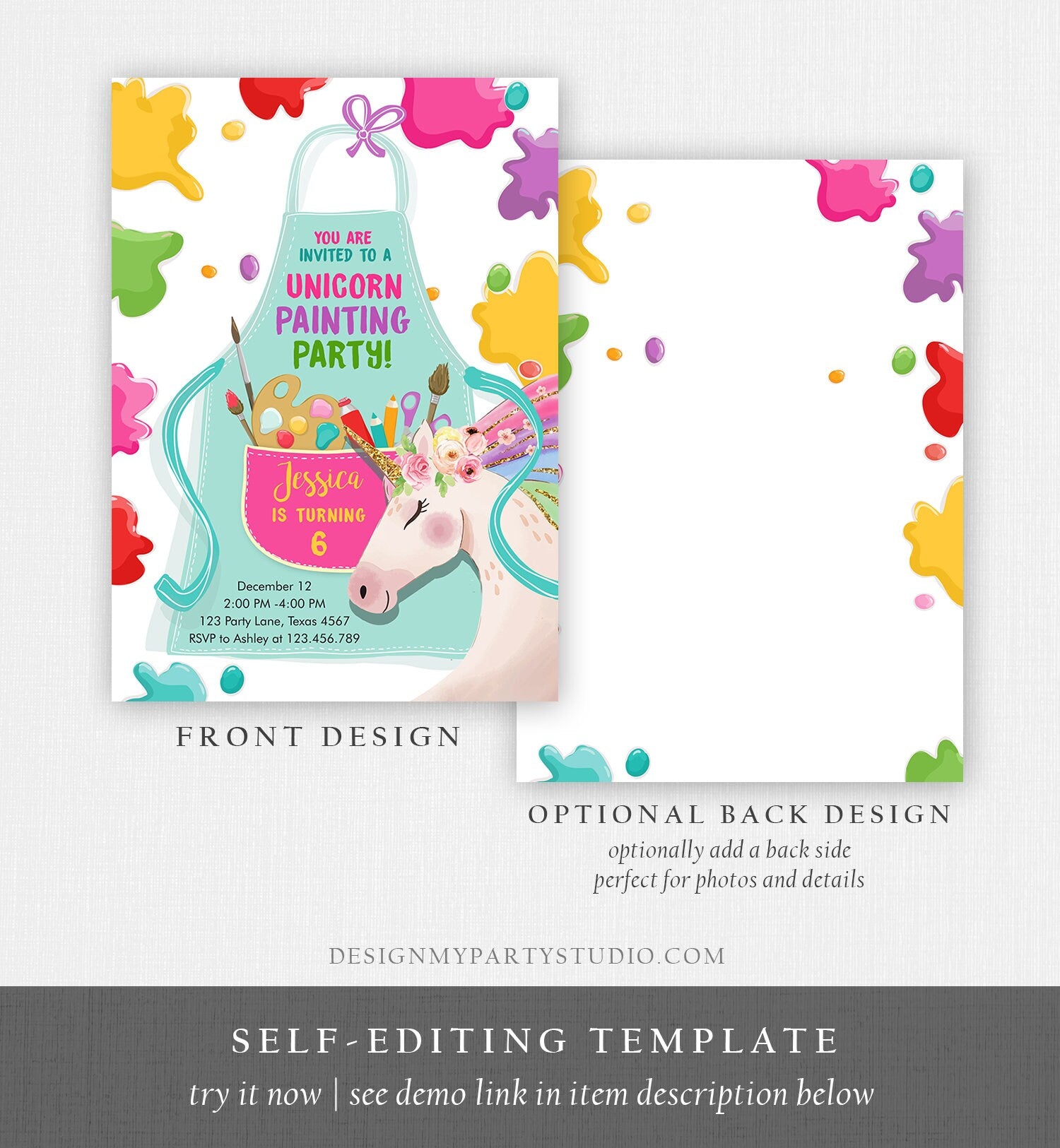 Editable Unicorn Painting Party Invitation Art Party Birthday Invite Girl Paint Craft Party Download Printable Template Digital Evite 0319