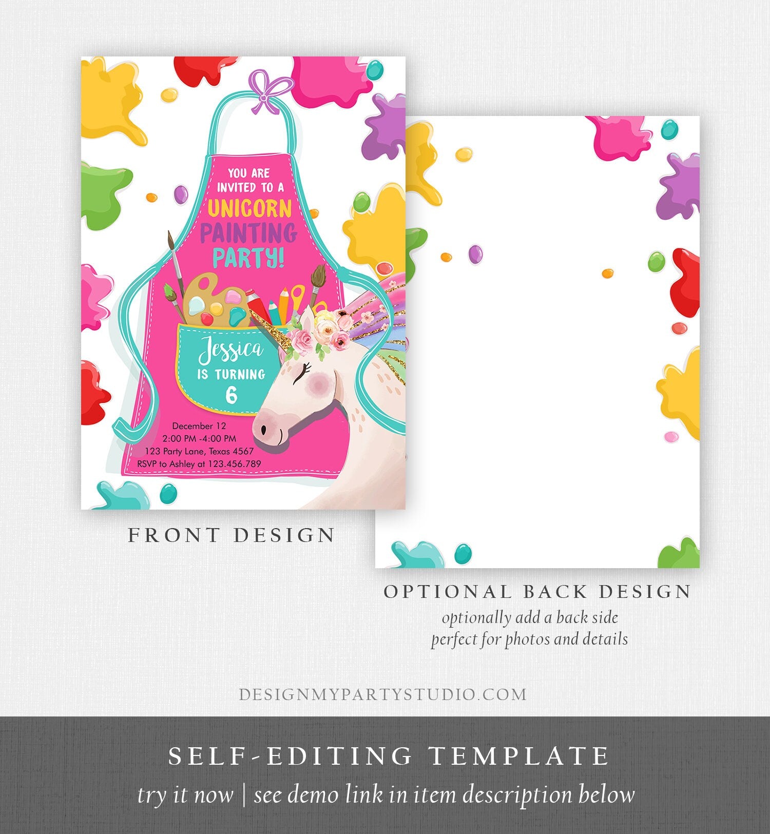 Editable Unicorn Painting Party Invitation Art Party Birthday Invite Girl Paint Craft Party Download Printable Template Digital Corjl 0319