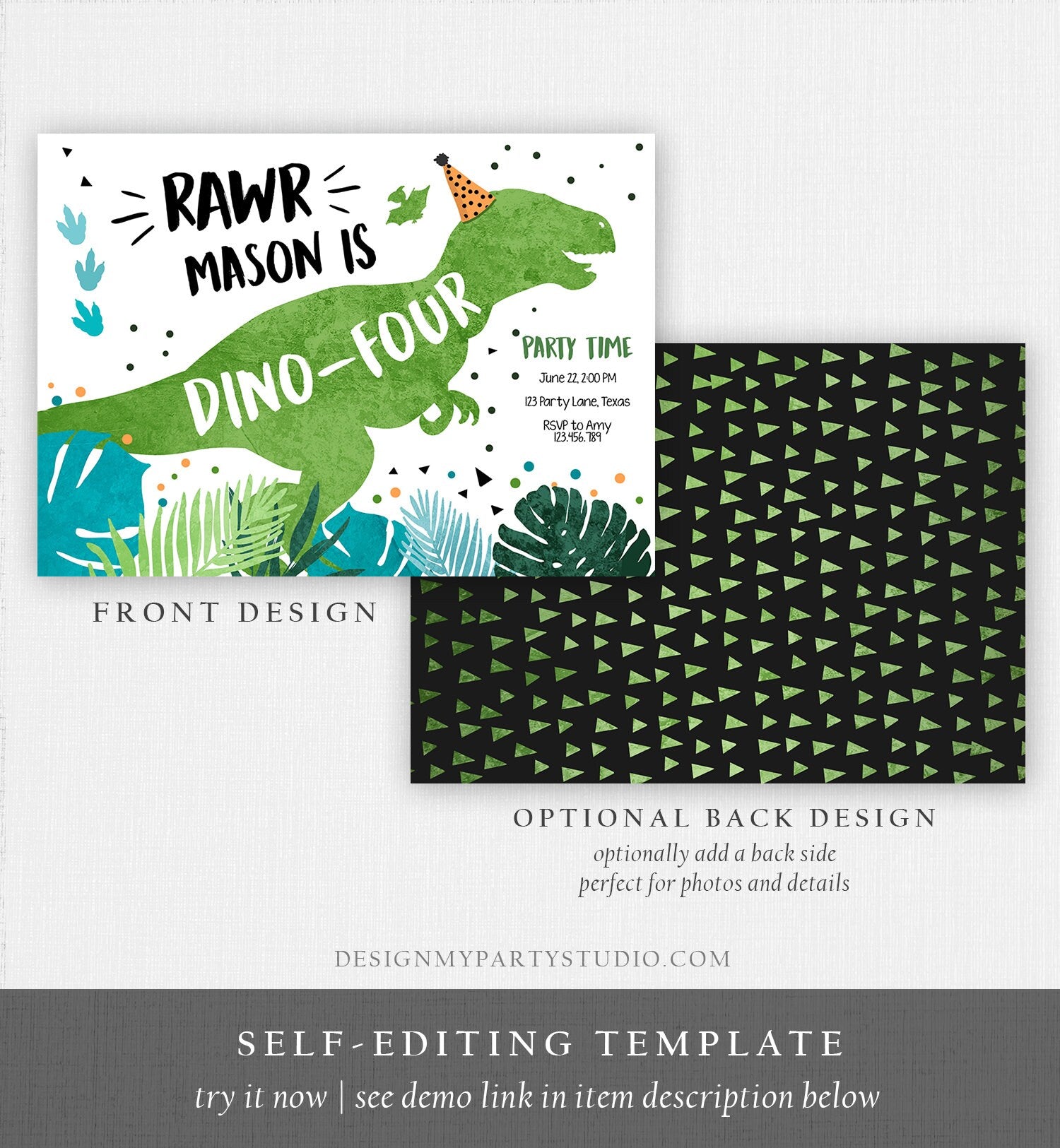 Editable Dino-Four Dinosaur Birthday Invitation Dino T-Rex 4th Birthday Fourth Rawr Boy Green Blue Prehistoric Printable Corjl Template 0389