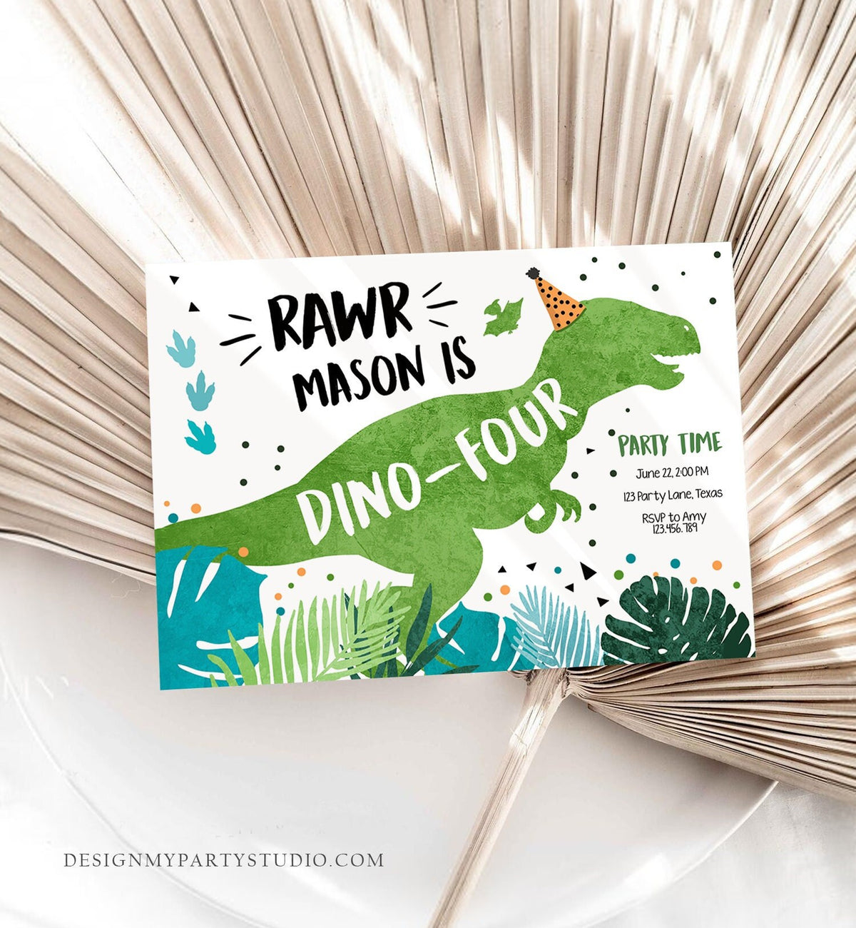 Editable Dino-Four Dinosaur Birthday Invitation Dino T-Rex 4th Birthday Fourth Rawr Boy Green Blue Prehistoric Printable Corjl Template 0389