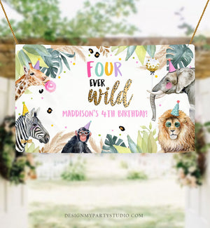 Editable Party Animals Four Ever Wild Backdrop Banner Safari Animals Girl Pink Fourth Birthday Welcome Corjl Template Printable 0417