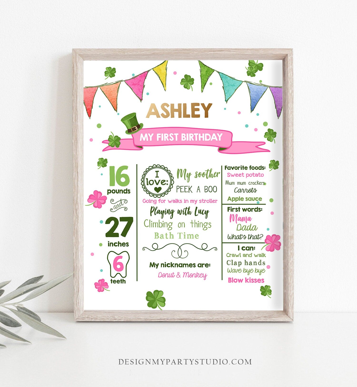 Editable St Patricks Day Milestones Sign Lucky 1st Birthday Sign Shamrock 1st Birthday Gold Green Clover White Template Printable Corjl 0115