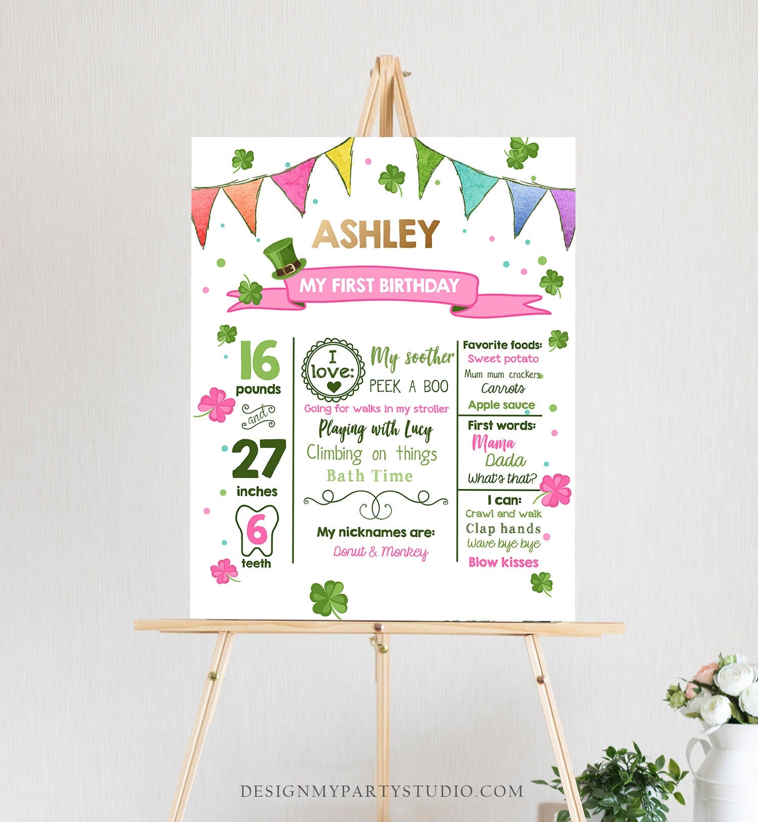 Editable St Patricks Day Milestones Sign Lucky 1st Birthday Sign Shamrock 1st Birthday Gold Green Clover White Template Printable Corjl 0115