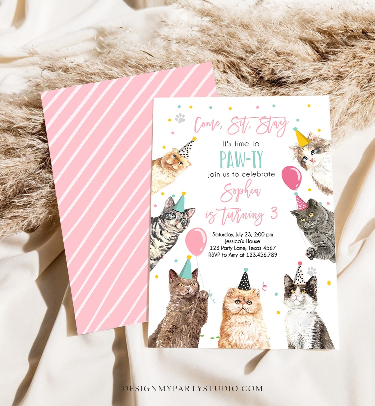 Editable Cat Birthday Party Invitation Kitten Birthday Invite Pink Girl Kitty Cat Invitation Pet Cute Download Printable Template Corjl 0384