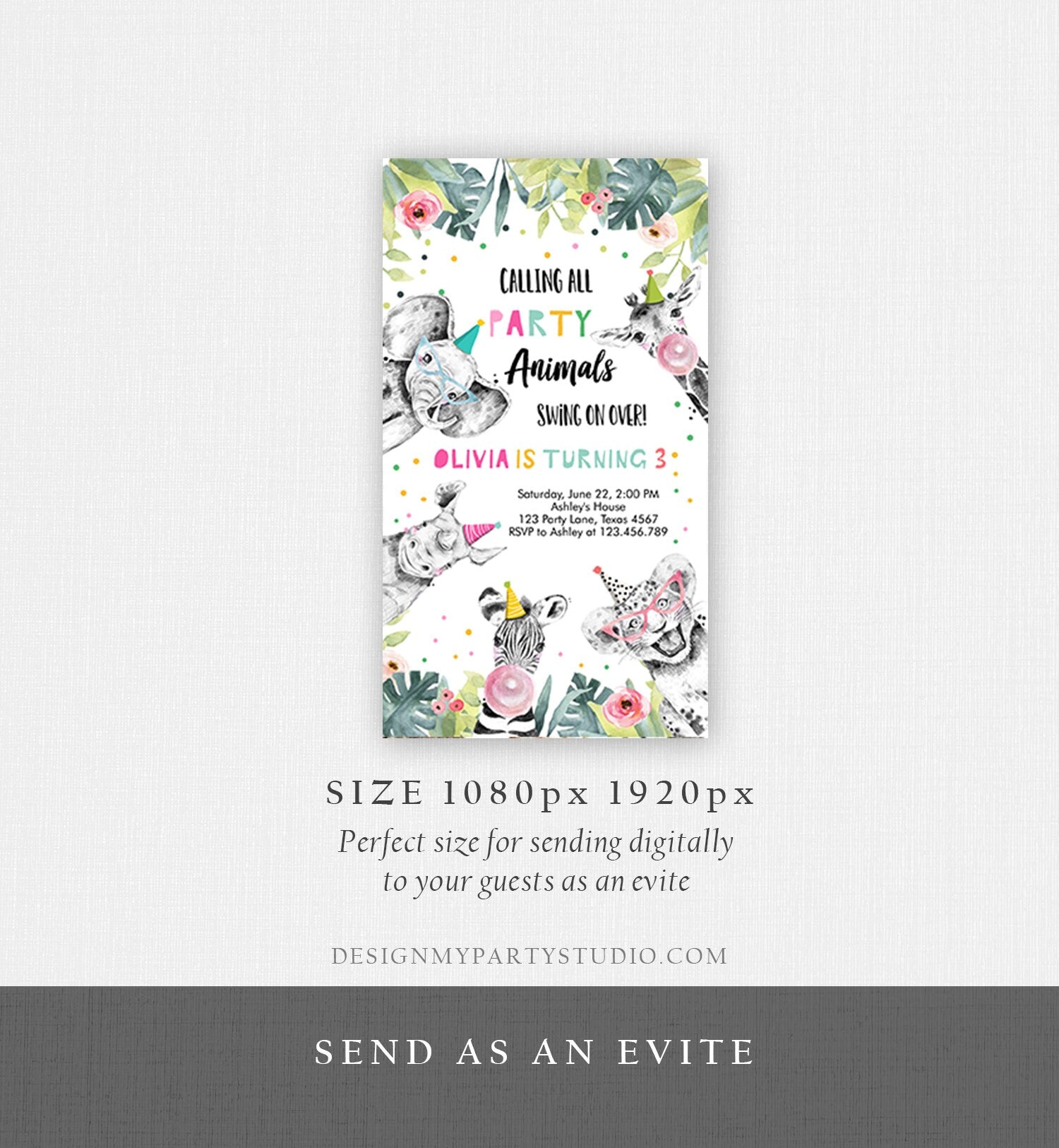 Editable Party Animals Birthday Evite Wild One Animals Invitation Zoo Safari Animals Girl Download Digital Invite iPhone Template Corjl 0322