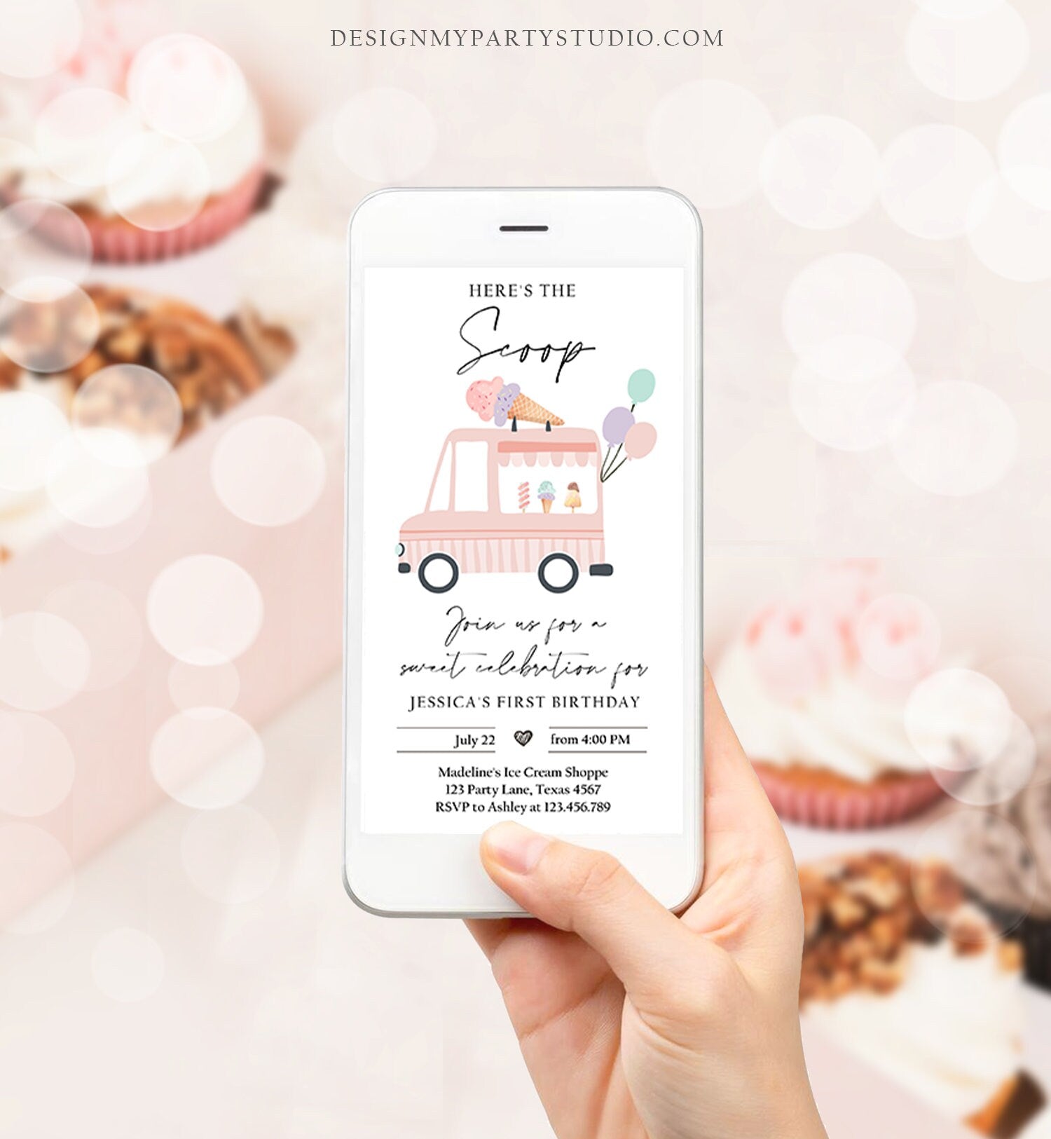 Editable Ice Cream Truck Birthday Evite Ice Cream Truck Invite Modern Ice Cream Shoppe Van The Scoop Phone Digital Template Corjl 0415