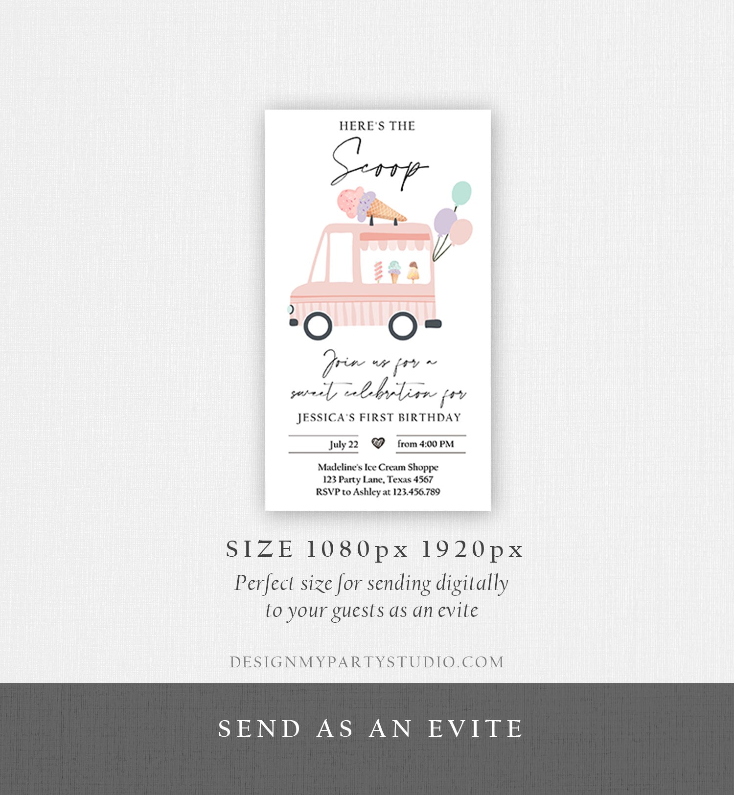 Editable Ice Cream Truck Birthday Evite Ice Cream Truck Invite Modern Ice Cream Shoppe Van The Scoop Phone Digital Template Corjl 0415