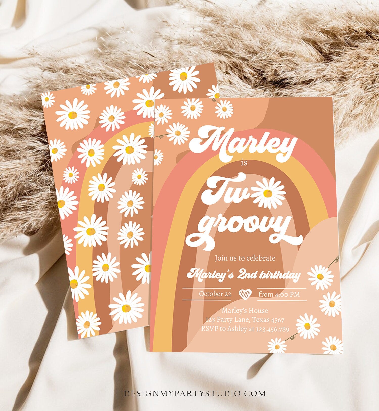 Editable Two Groovy Birthday Party Invitation 2nd Birthday Boho Retro Flower Power 70's Daisy Download Printable Template Corjl Digital 0428