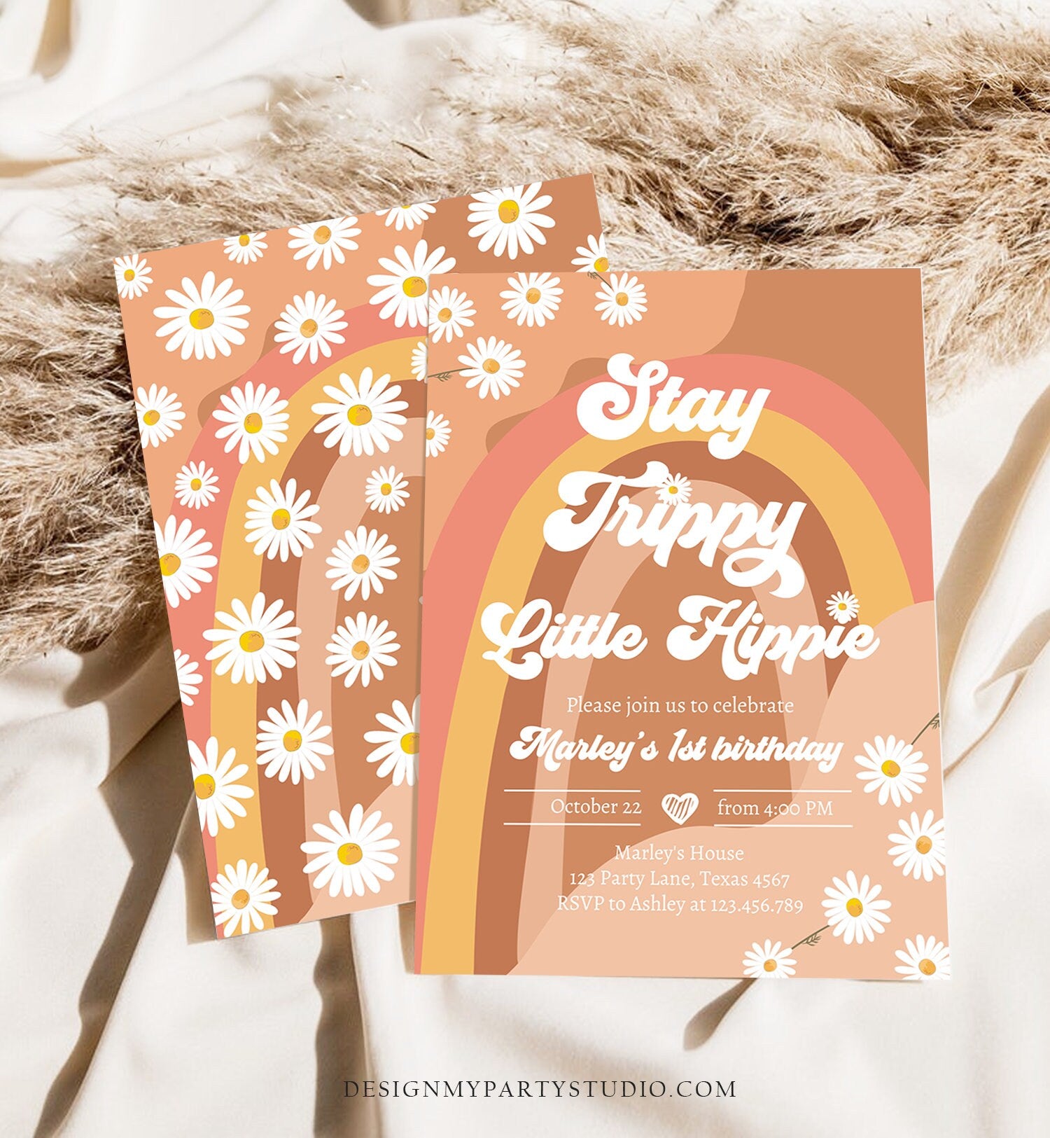 Editable Groovy Retro 1st Birthday Invitation First Birthday Retro Stay Trippy Little HIppie Download Printable Template Corjl Digital 0428