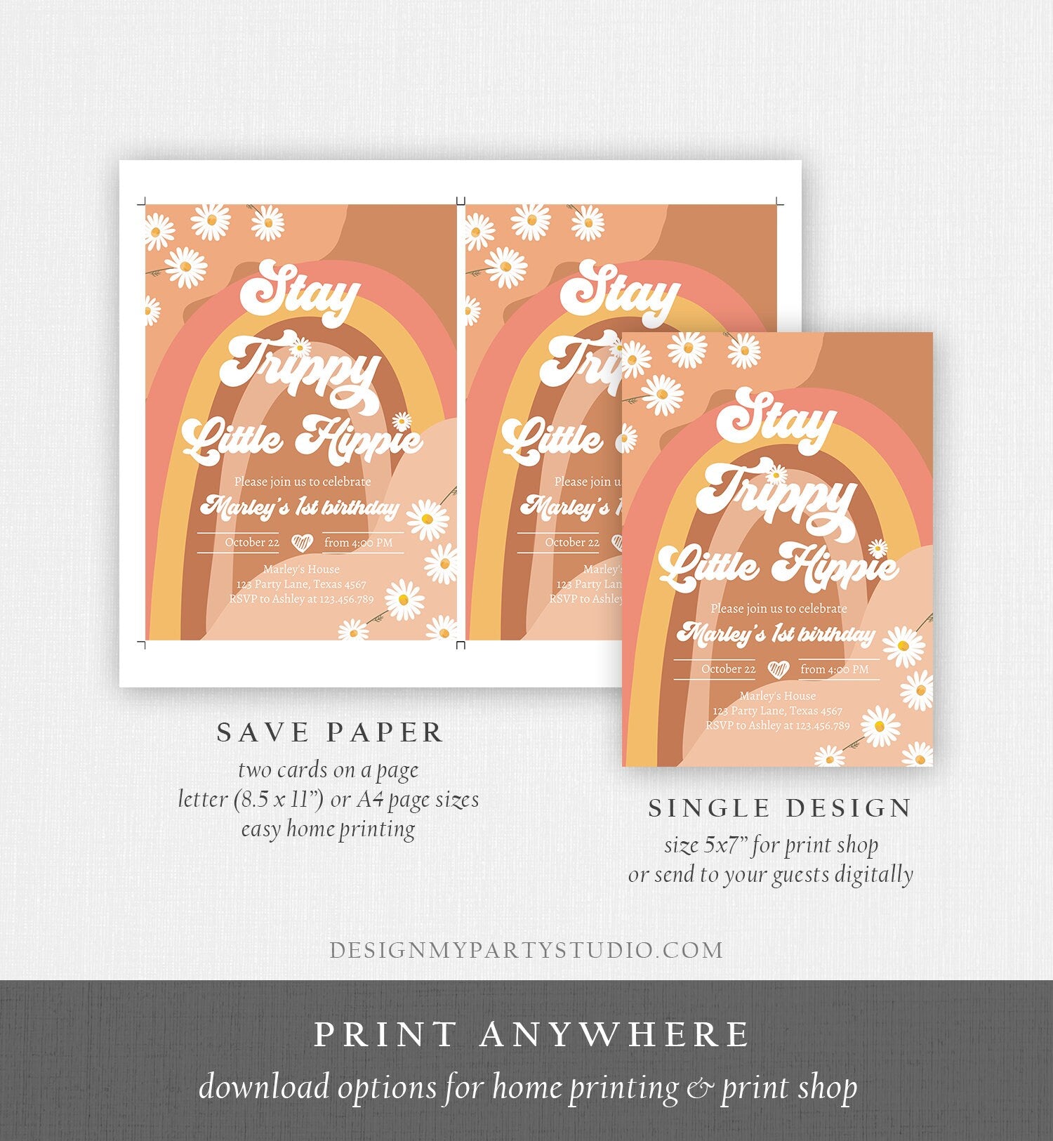 Editable Groovy Retro 1st Birthday Invitation First Birthday Retro Stay Trippy Little HIppie Download Printable Template Corjl Digital 0428