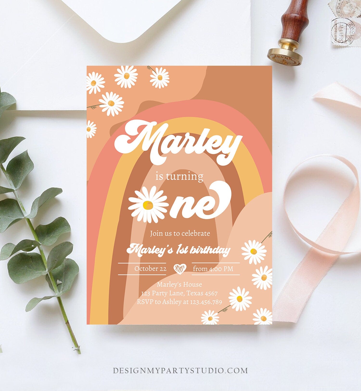 Editable Groovy Retro 1st Birthday Invitation First Birthday Retro Floral 70s Flower Power Festival Download Template Corjl Digital 0428