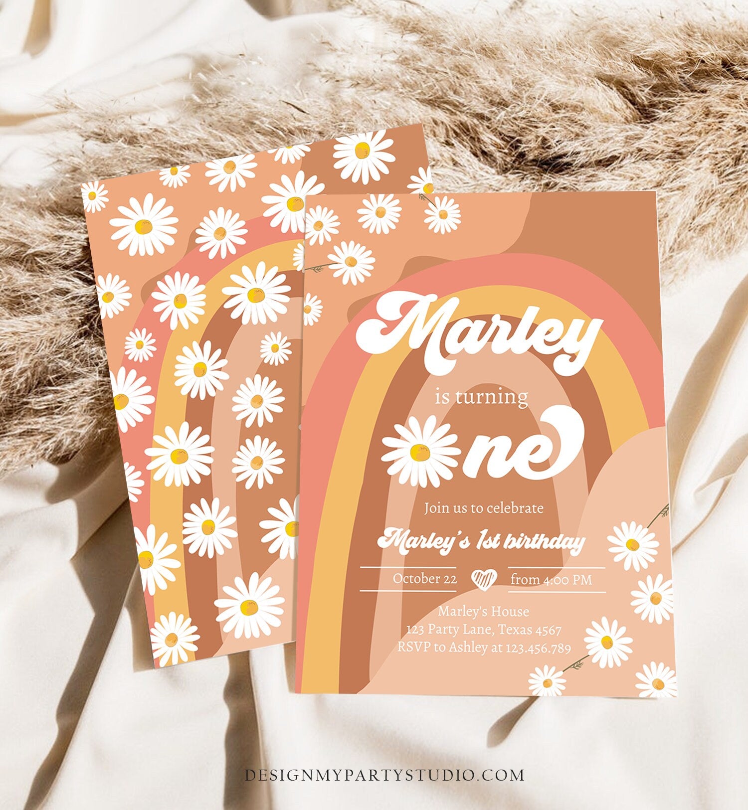 Editable Groovy Retro 1st Birthday Invitation First Birthday Retro Floral 70s Flower Power Festival Download Template Corjl Digital 0428