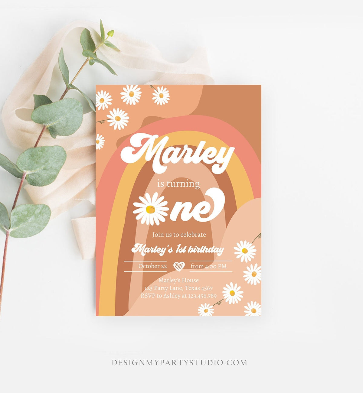 Editable Groovy Retro 1st Birthday Invitation First Birthday Retro Floral 70s Flower Power Festival Download Template Corjl Digital 0428