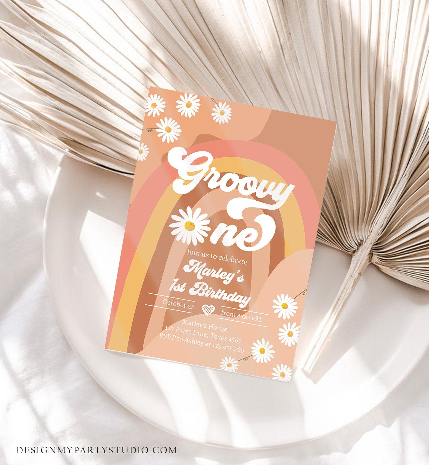 Editable Groovy One Retro 1st Birthday Invitation First Birthday Retro Floral 70s Flower Power Festival Download Template Digital Evite 0428