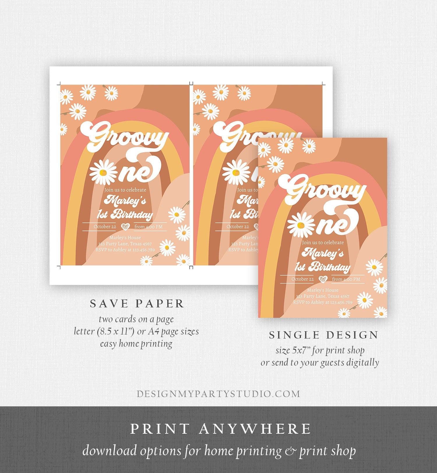 Editable Groovy One Retro 1st Birthday Invitation First Birthday Retro Floral 70s Flower Power Festival Download Template Digital Evite 0428