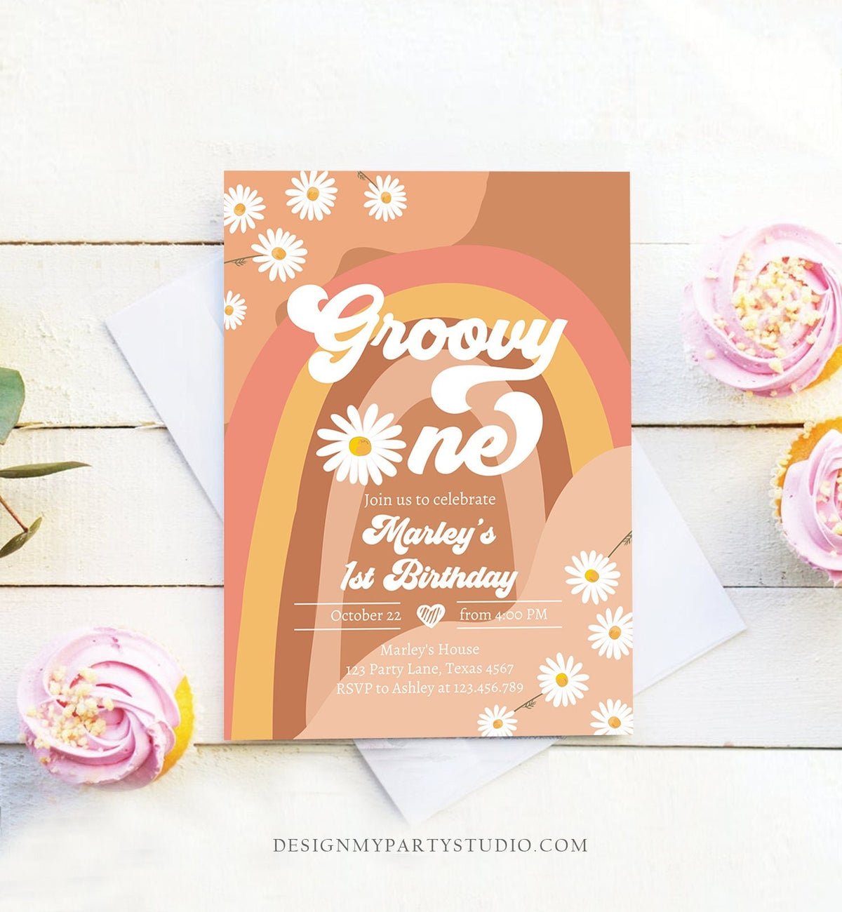 Editable Groovy One Retro 1st Birthday Invitation First Birthday Retro Floral 70s Flower Power Festival Download Template Digital Evite 0428