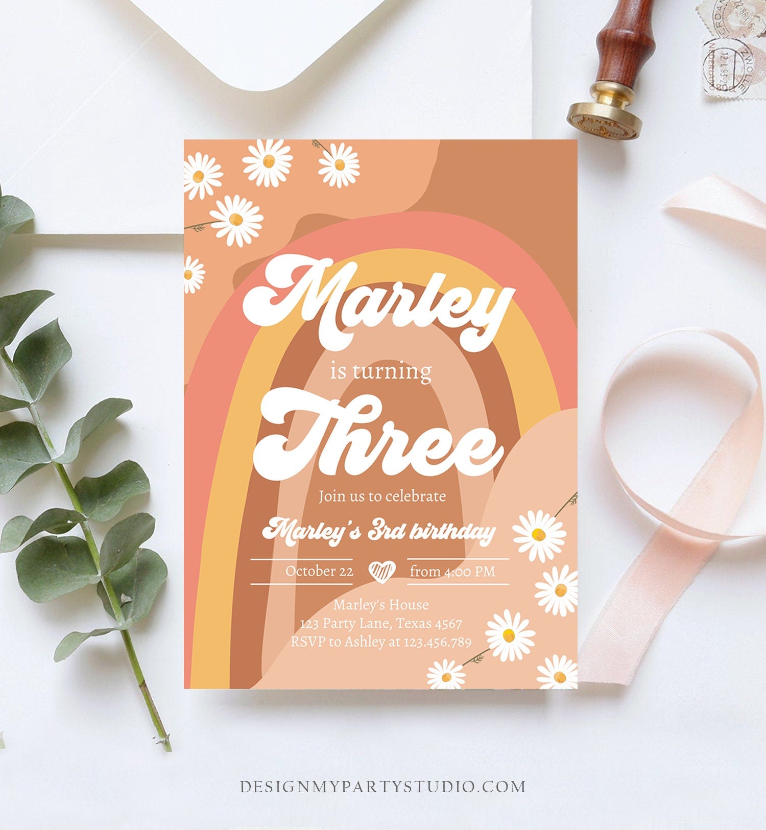 Editable Groovy Retro 3rd Birthday Invitation Three Birthday Retro Floral 70s Flower Power Festival Download Template Corjl Digital 0428