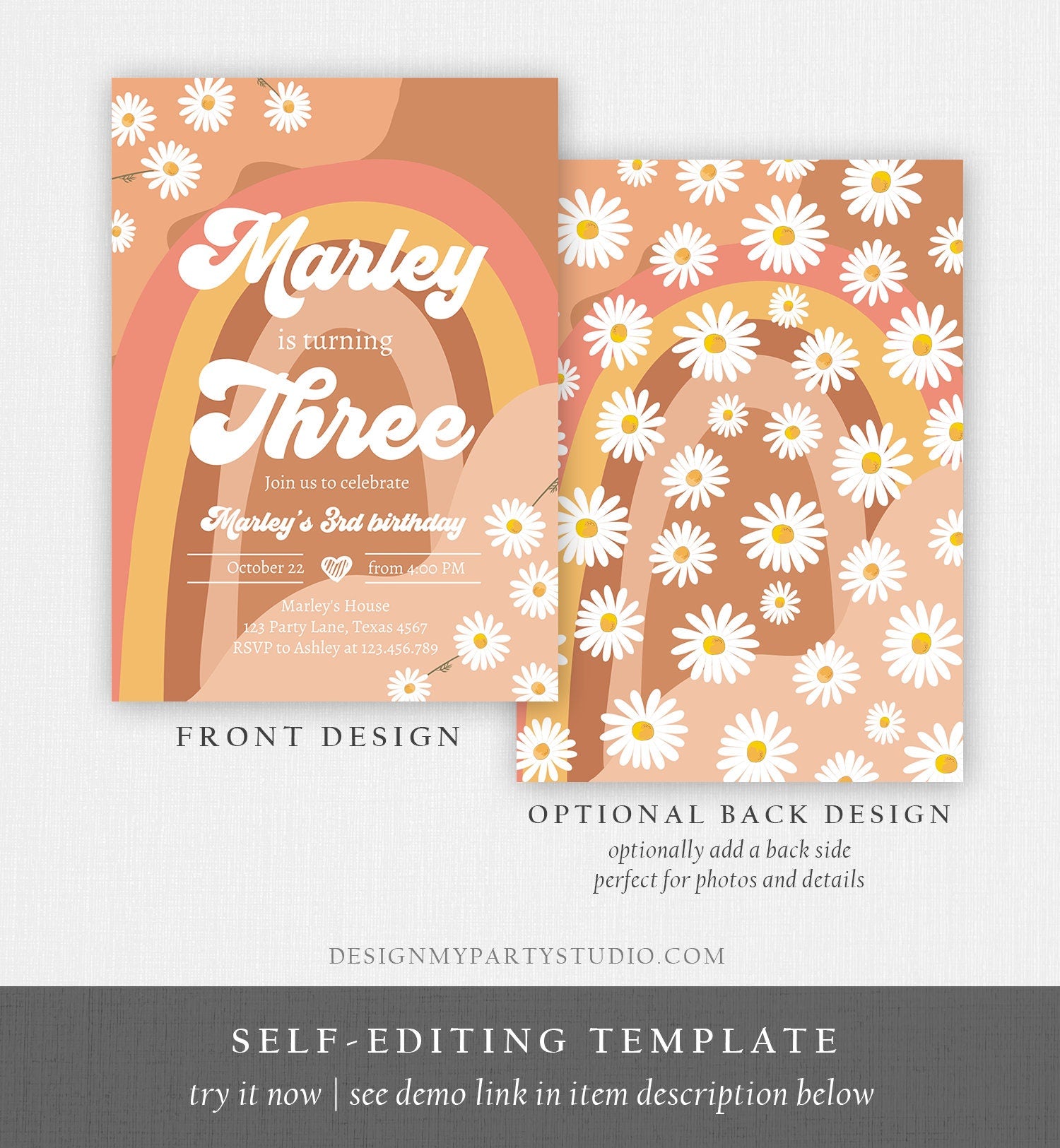 Editable Groovy Retro 3rd Birthday Invitation Three Birthday Retro Floral 70s Flower Power Festival Download Template Corjl Digital 0428