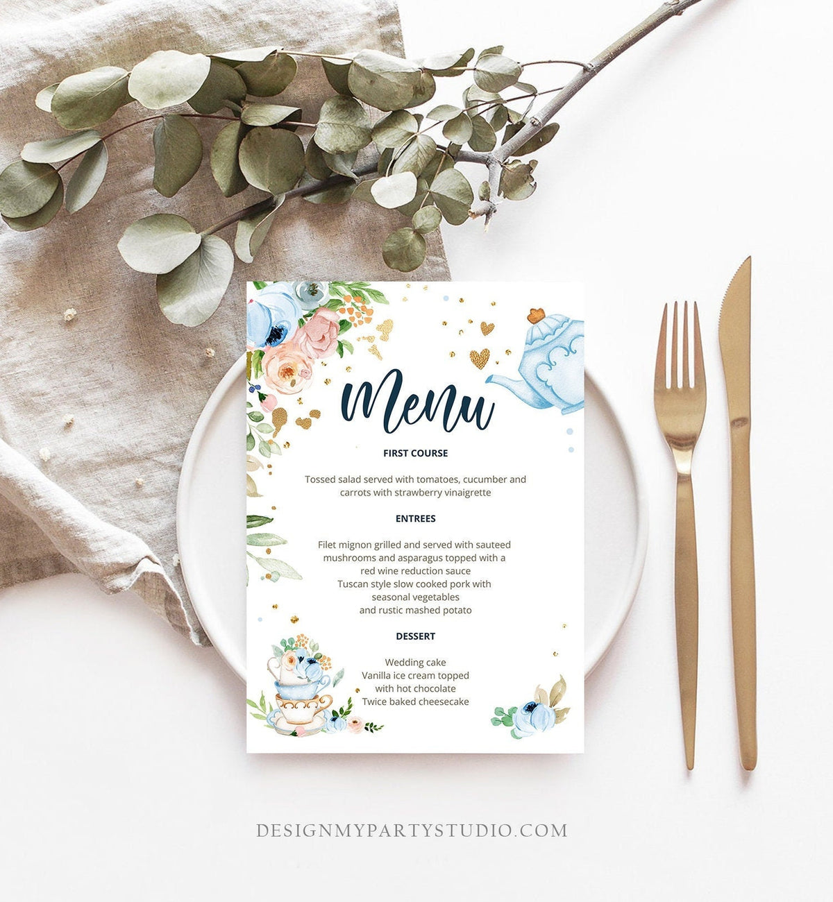 Editable Floral Tea Menu Card Tea Birthday Blue Confetti Floral Tea Baby Shower Baby is Brewing Digital Download Template Printable 0349