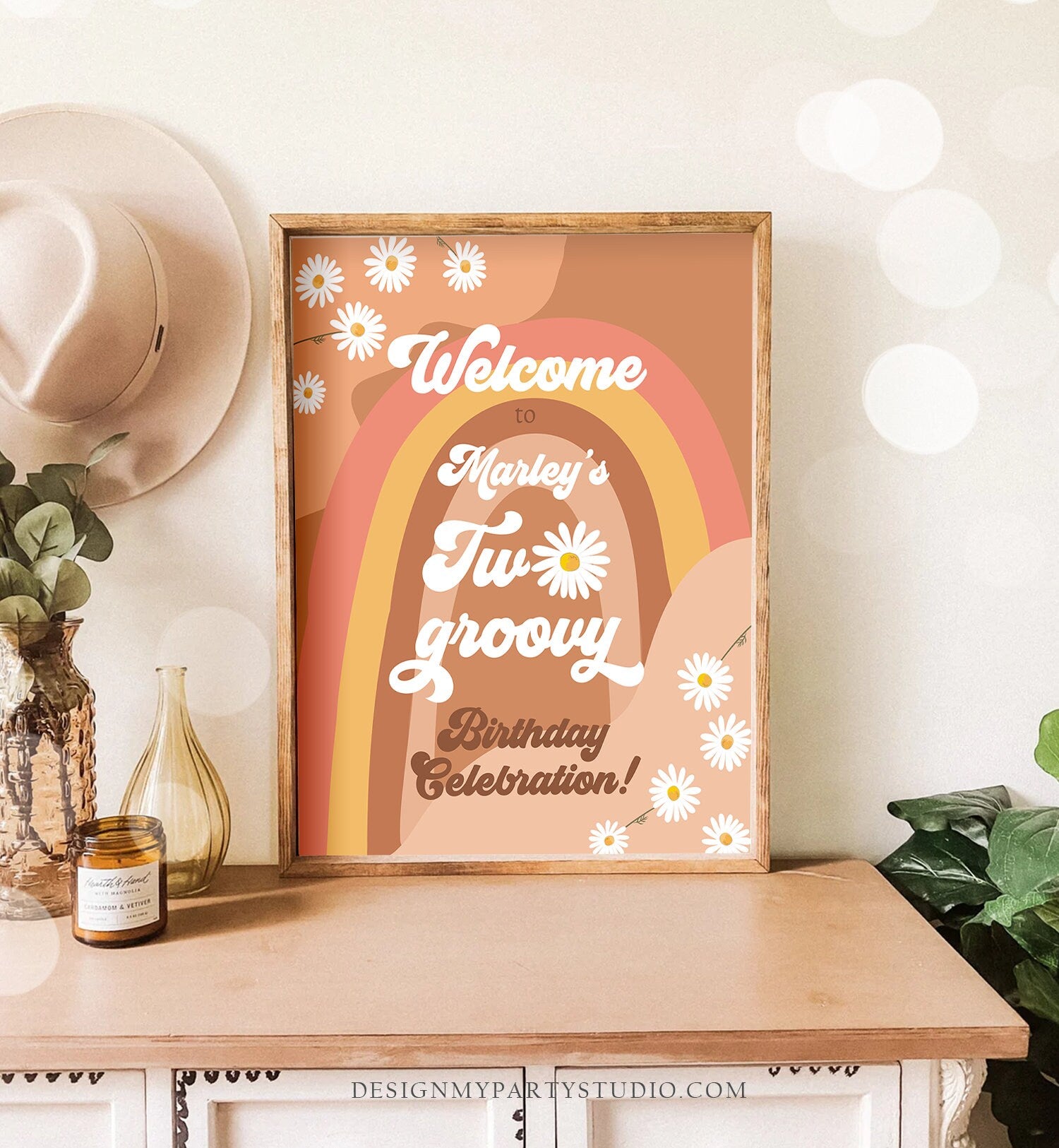 Editable Two Groovy Birthday Welcome Sign Floral Boho 2nd Birthday Welcome Sign Retro 70's Hippie Festival Template Corjl PRINTABLE 0428