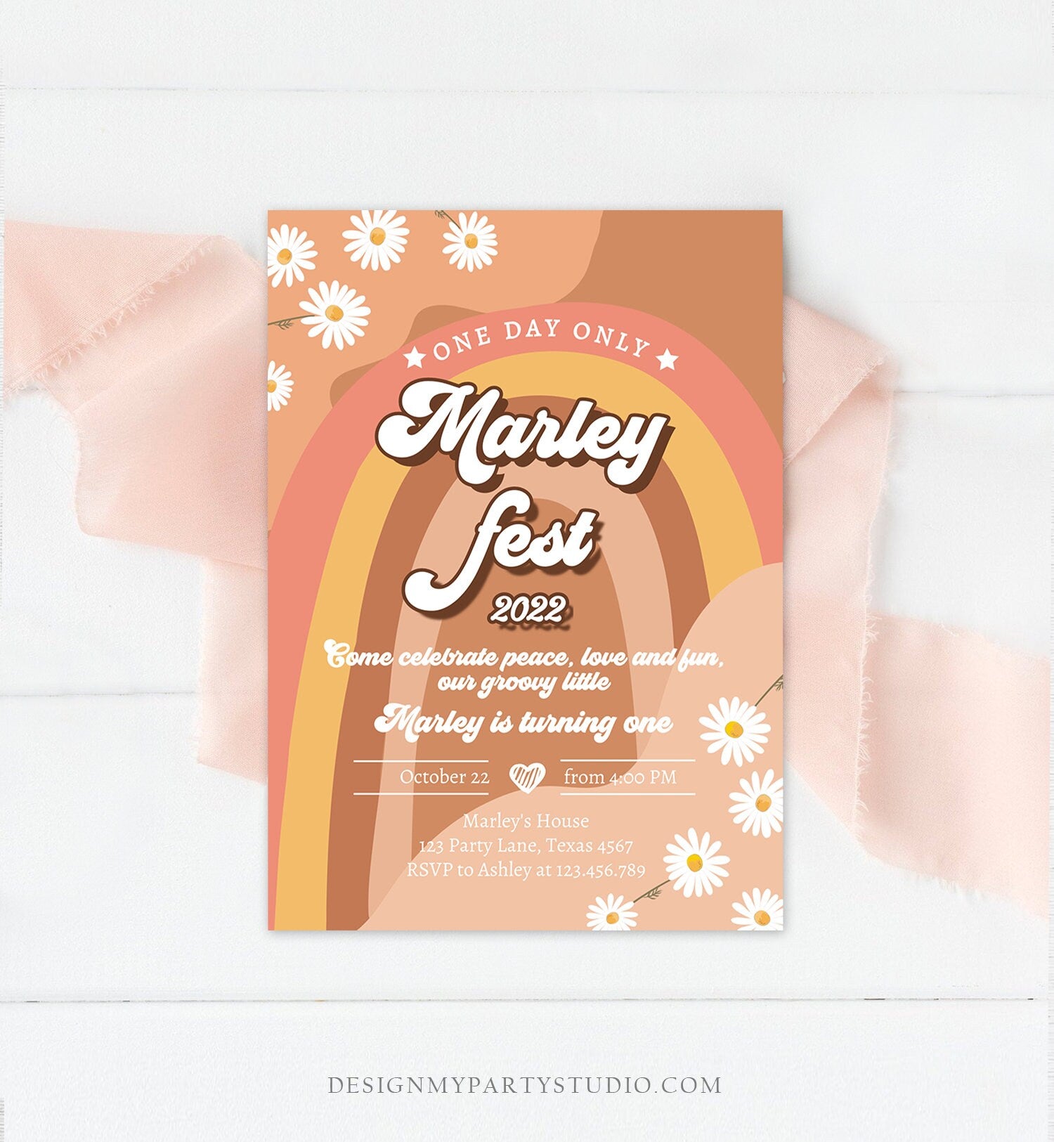 Editable Music Festival Birthday Party Invitation Floral Fest Birthday Flower Power 70's Groovy Hippie Digital Evite Template Printable 0428