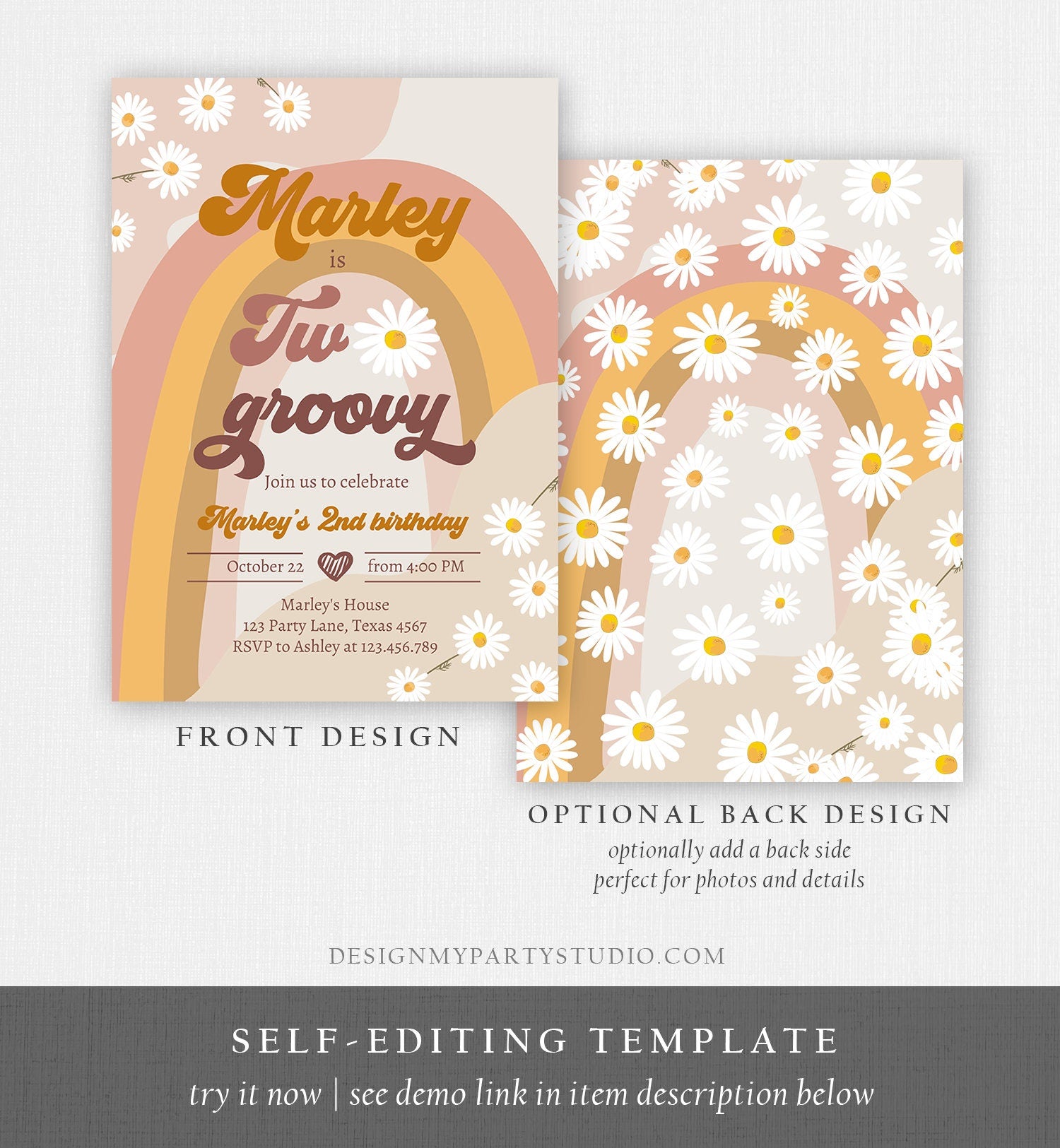 Editable Two Groovy Birthday Party Invitation 2nd Birthday Boho Retro Flower Power 70's Daisy Digital Download Evite Template Printable 0428