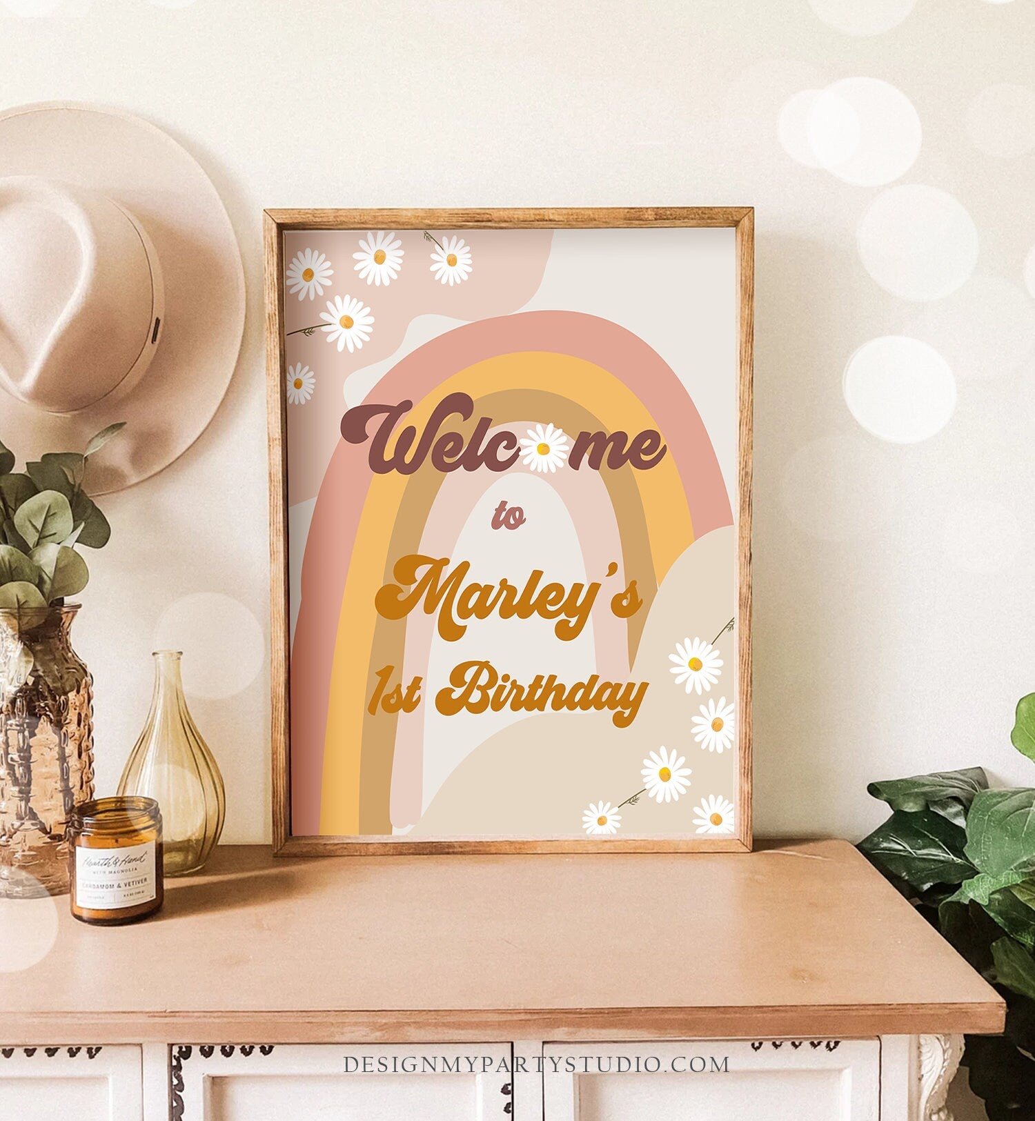 Editable Groovy Birthday Welcome Sign Floral Boho Birthday Welcome Retro 70's Peace Love Seventies Download Template Corjl PRINTABLE 0428