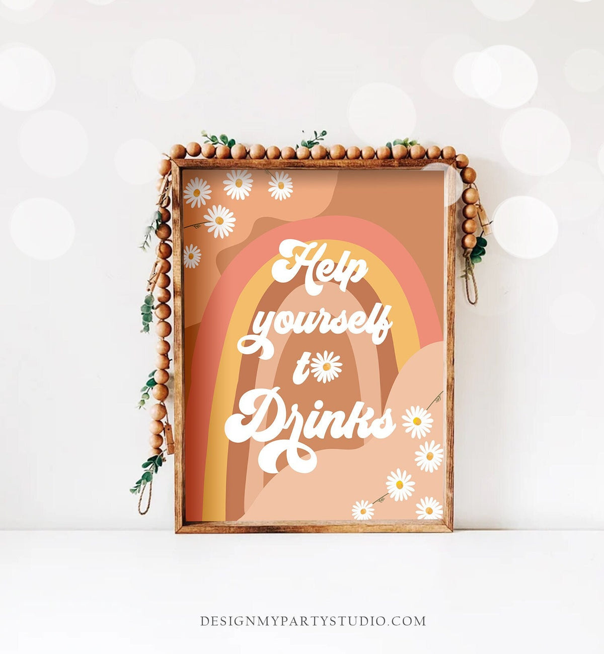 Retro Daisy Birthday Party Sign Groovy Floral 70&#39;s Birthday Party Decor Boho Flower Power Drinks Sign Table Instant Download PRINTABLE 0428