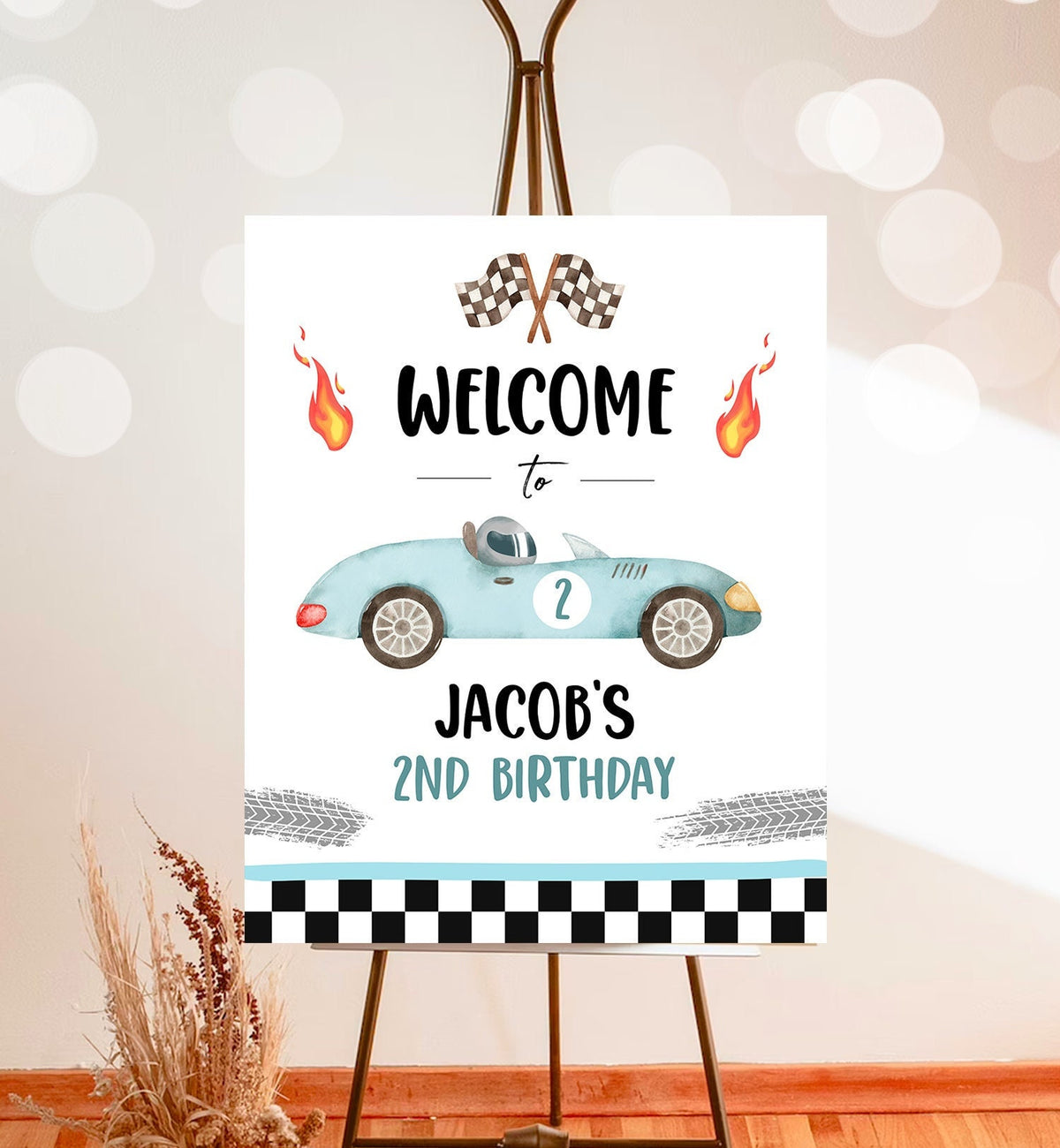 Editable Racing Birthday Welcome Sign Race Car Birthday Sign Growing Up Two Fast 2nd Birthday Blue Boy Decor Template Corjl PRINTABLE 0424