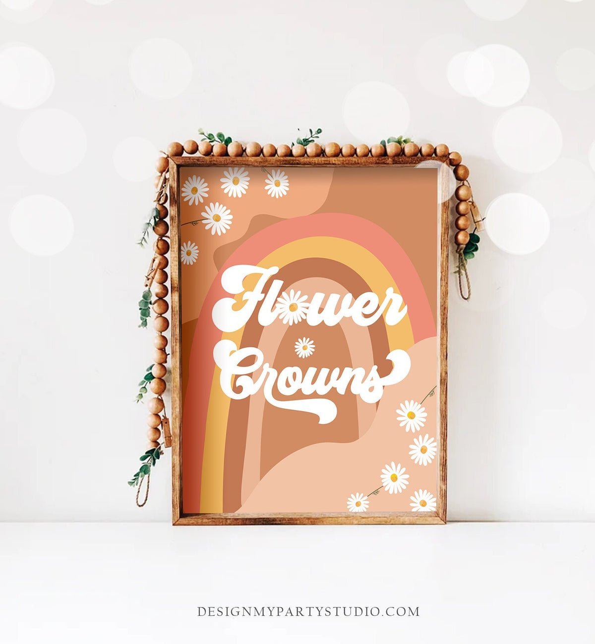 Flower Crowns Sign Retro Daisy Birthday Party Groovy Floral 70&#39;s Birthday Party Decor Boho Flower Power Instant Download Printable 0428