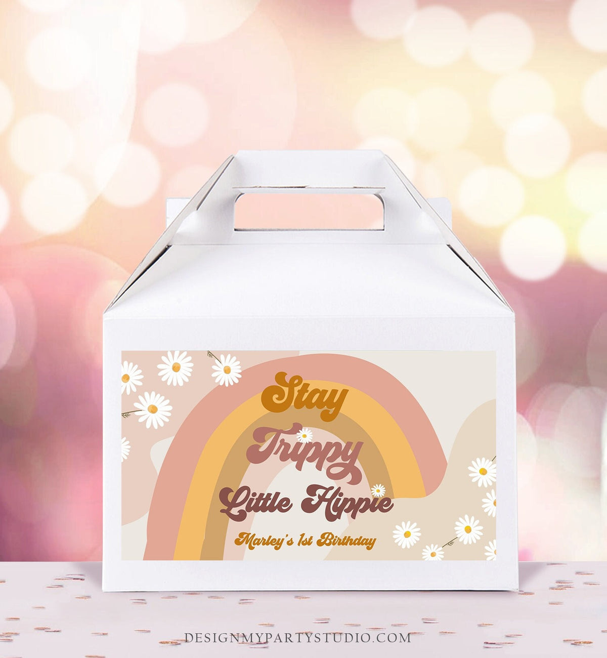 Editable Groovy Birthday Party Gable Box Favor Label Stay Trippy Little Hippie 70&#39;s Box Label Festival Daisy Download Printable Corjl 0428