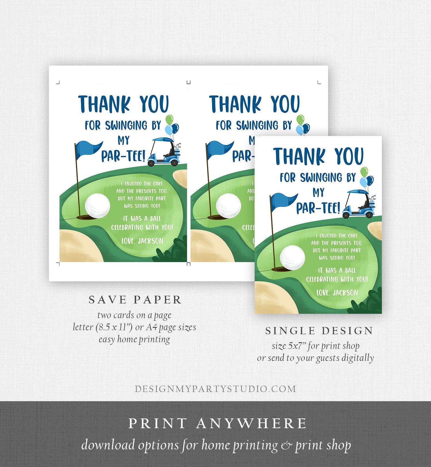 Editable Golf Thank You Card Golfing Birthday Par-tee Swinging By Hole in One Golf Court Boy Girl Cart Printable Corjl Template Digital 0405