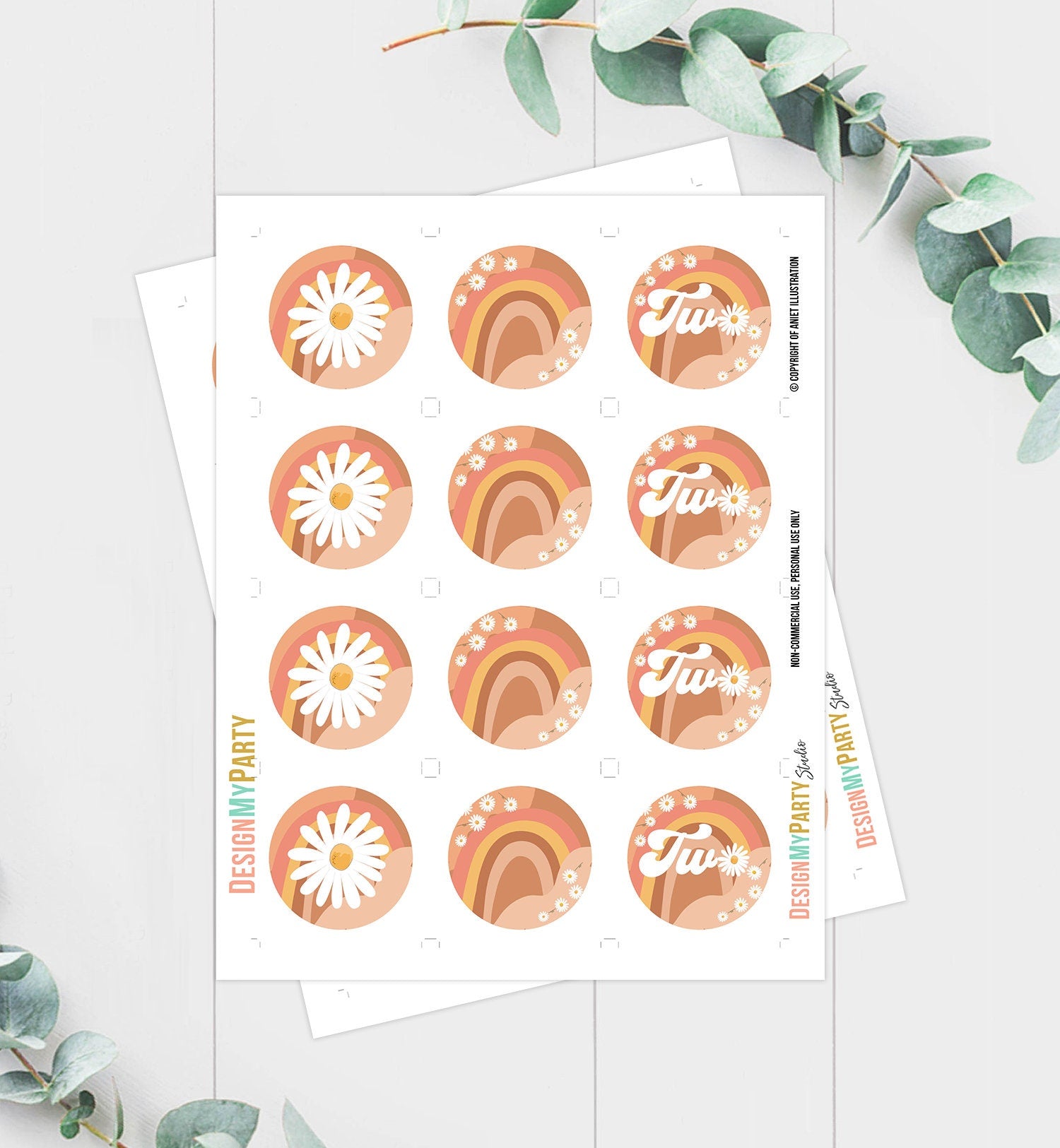 Two Groovy Birthday Cupcake Toppers Favor Tags Retro Daisy Birthday Party Decor 2nd Flower Power Festival Digital Download Printable 0428