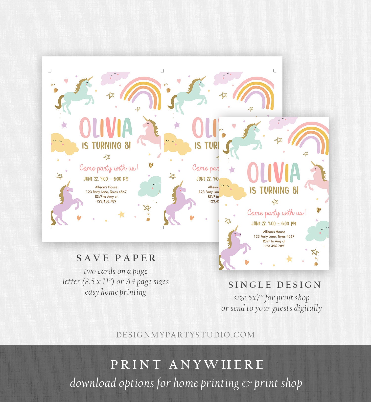 Editable Unicorn Birthday Invitation Magical Party Invite Girl Pink Pastel First Digital Unicorn Party Template Rainbow Download Corjl 0426