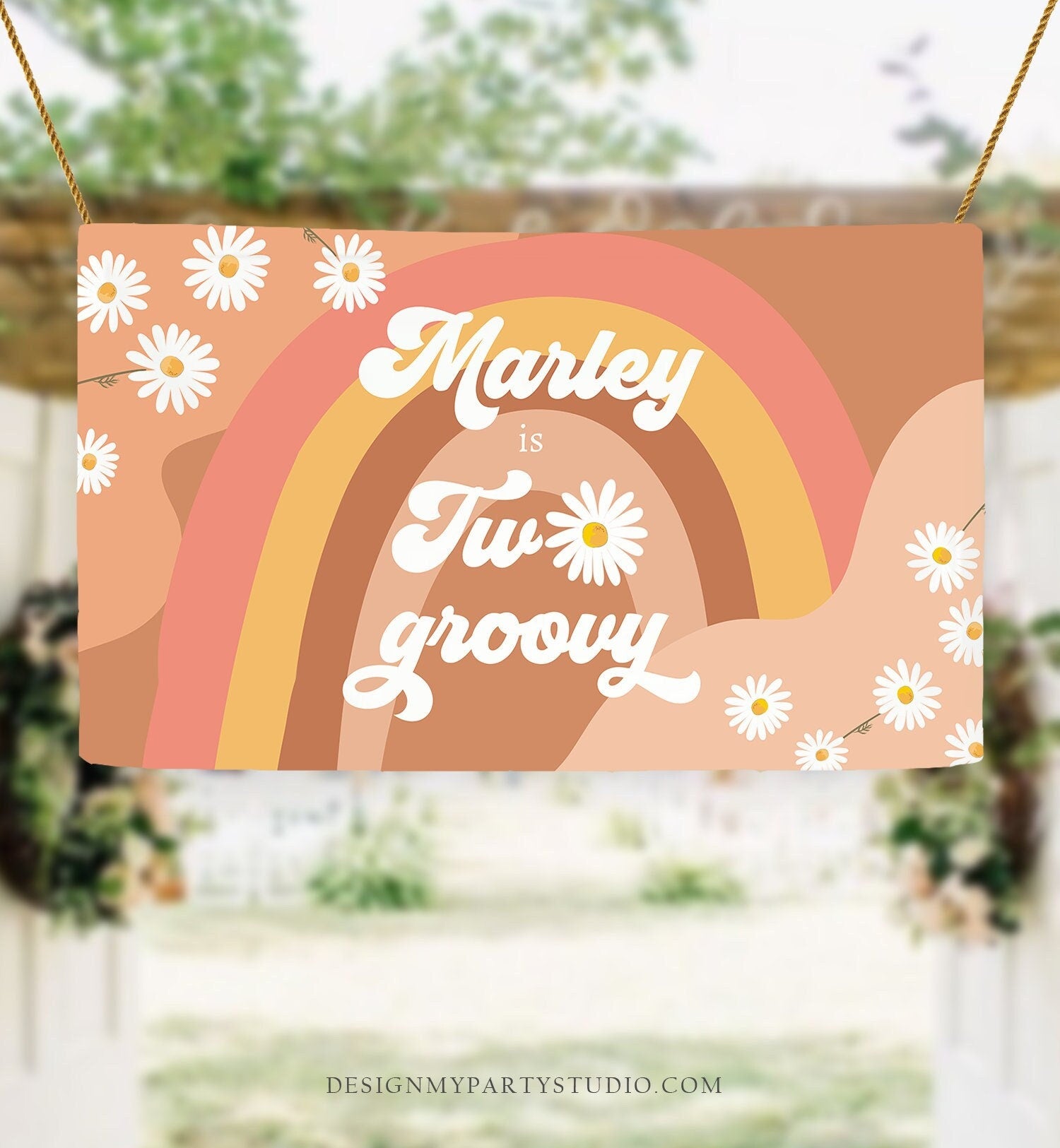 Editable Groovy Birthday Backdrop Two Groovy Birthday Girl Retro Daisy Party Decor Festival Flower Power Boho Corjl Template Printable 0428