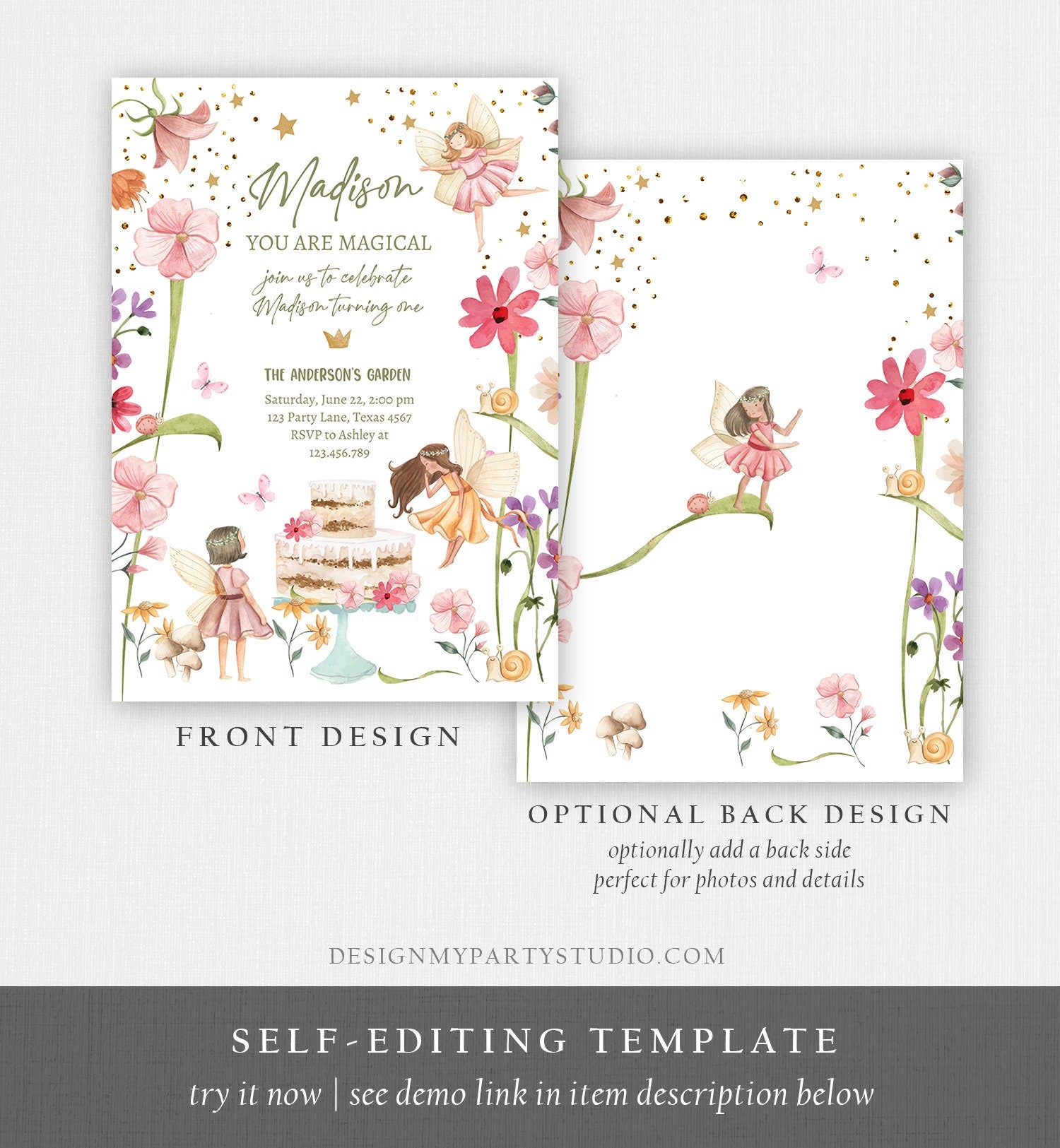 Editable Fairy Birthday Invitation Garden Party Fairy Birthday Forest Girls 1st Birthday Magical Download Printable Template Corjl 0406