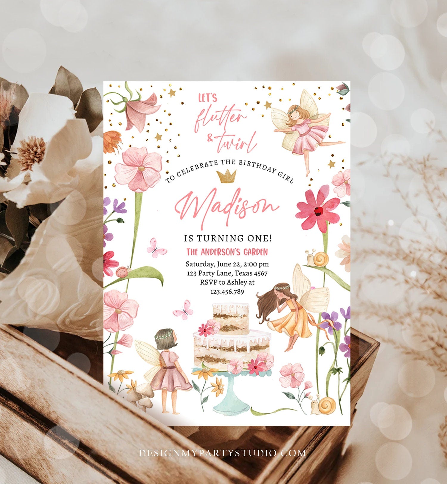 Editable Fairy Princess Birthday Invitation Girl Pink Floral Fairy Party Whimsical Garden Download Printable Template Corjl Digital 0406