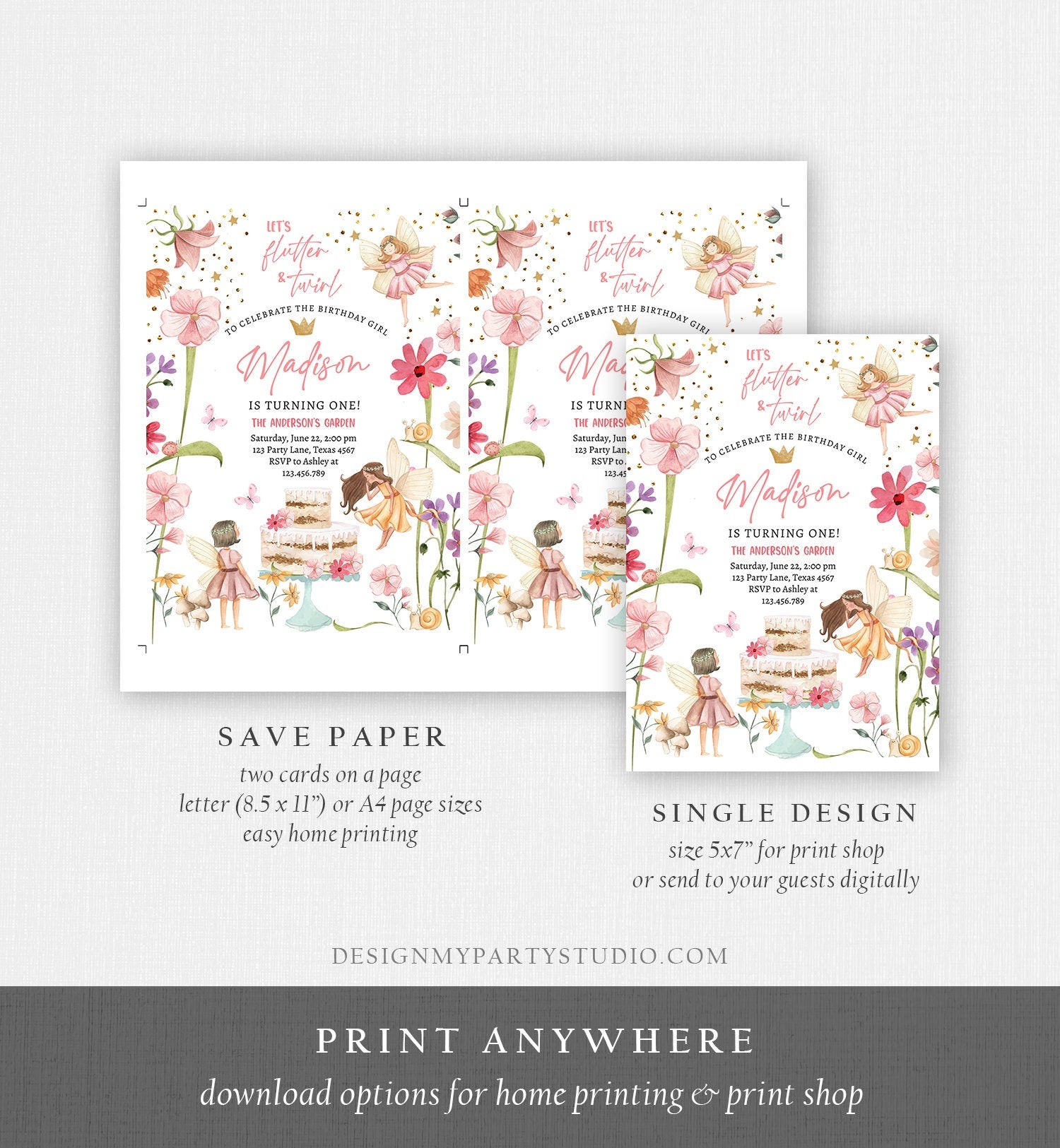 Editable Fairy Princess Birthday Invitation Girl Pink Floral Fairy Party Whimsical Garden Download Printable Template Corjl Digital 0406