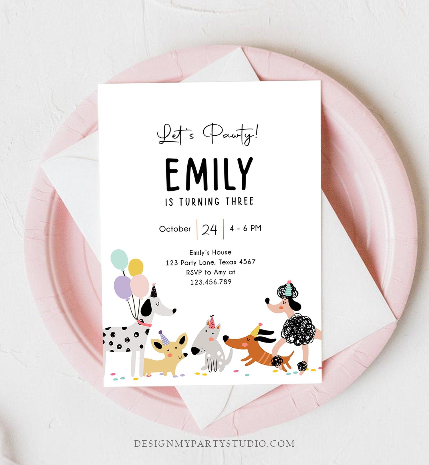 Editable Dog Birthday Party Invitation Puppy Birthday Invite Pink Girl Pawty Birthday Animal Pet Vet Download Printable Template Corjl 0429