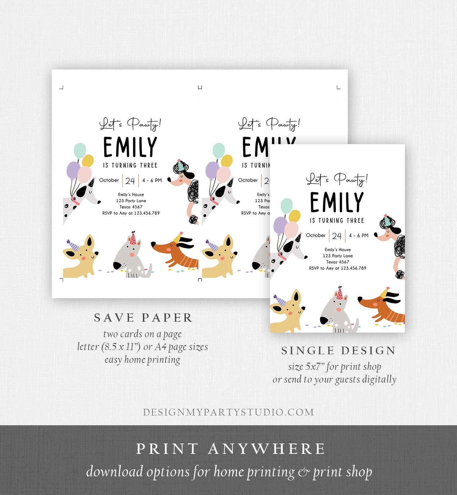 Editable Dog Birthday Party Invitation Puppy Birthday Invite Pink Girl Pawty Birthday Animal Pet Digital Download Template Printable 0429