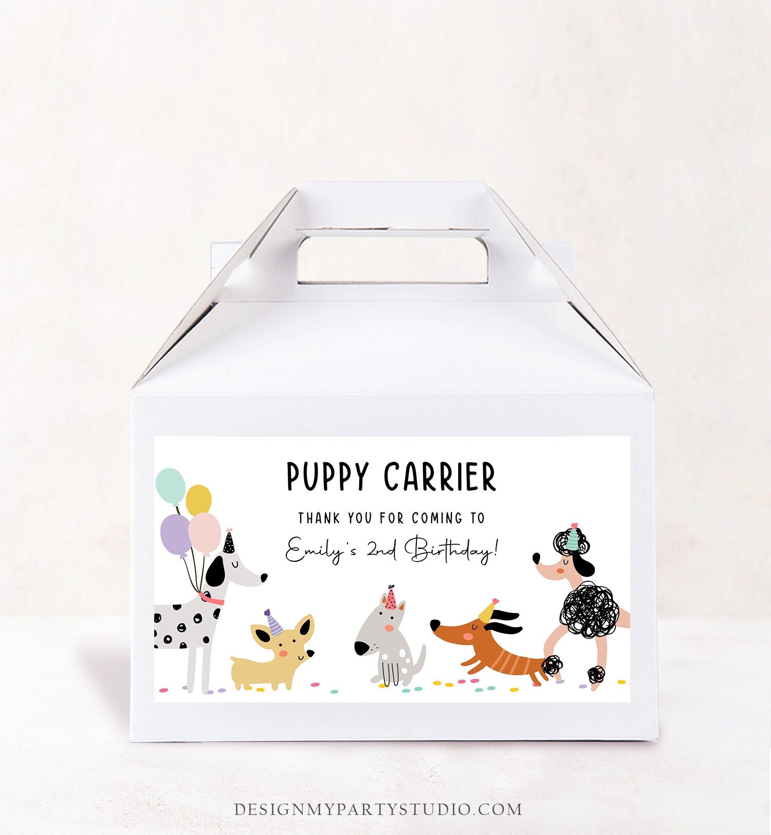 Editable Puppy Carrier Box Favor Label Puppy Birthday Favor Box Label Boy Girl Adopt a Puppy Pet Pawty Digital Download Printable Corjl 0429