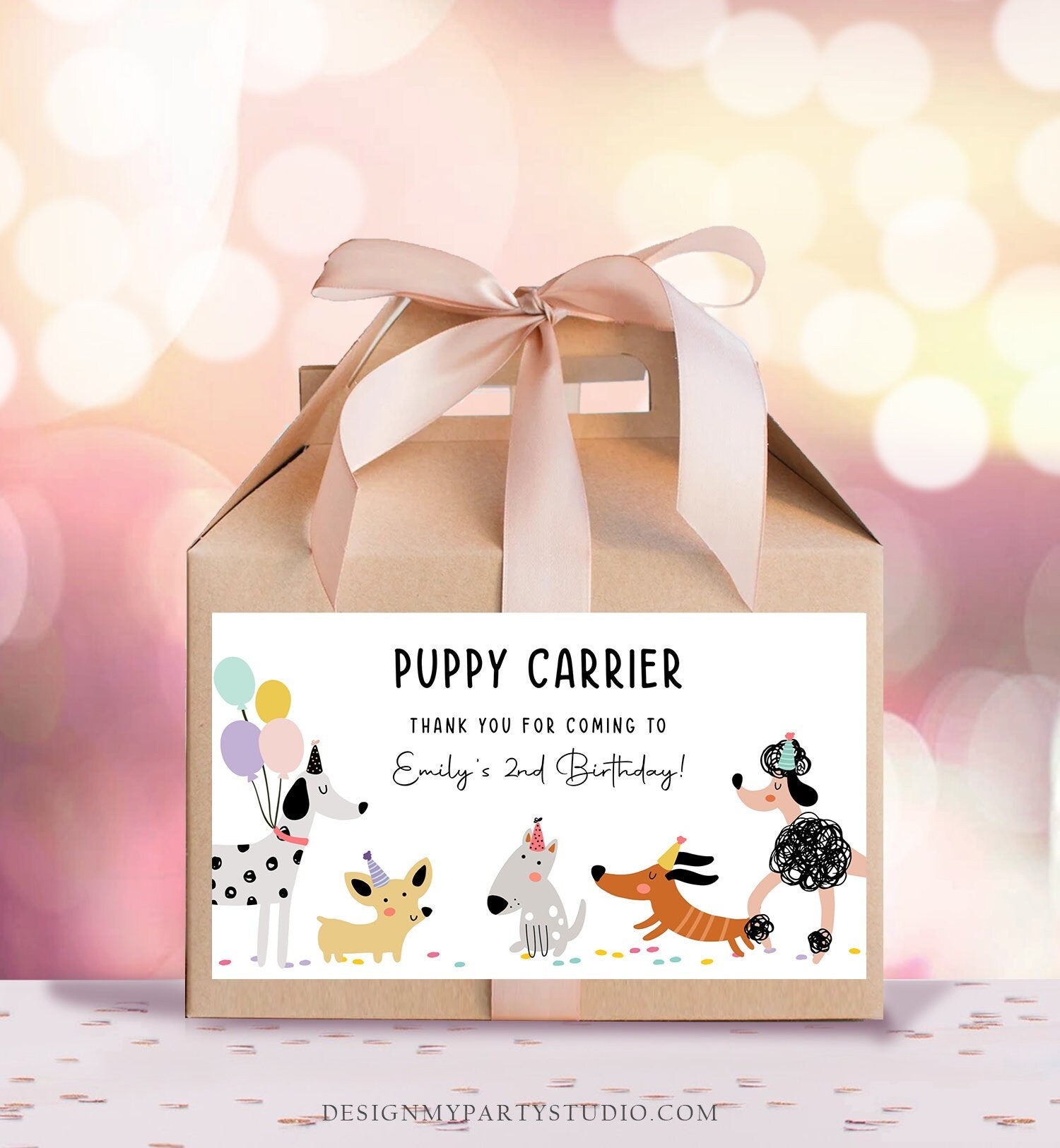 Editable Puppy Carrier Box Favor Label Puppy Birthday Favor Box Label Boy Girl Adopt a Puppy Pet Pawty Digital Download Printable Corjl 0429