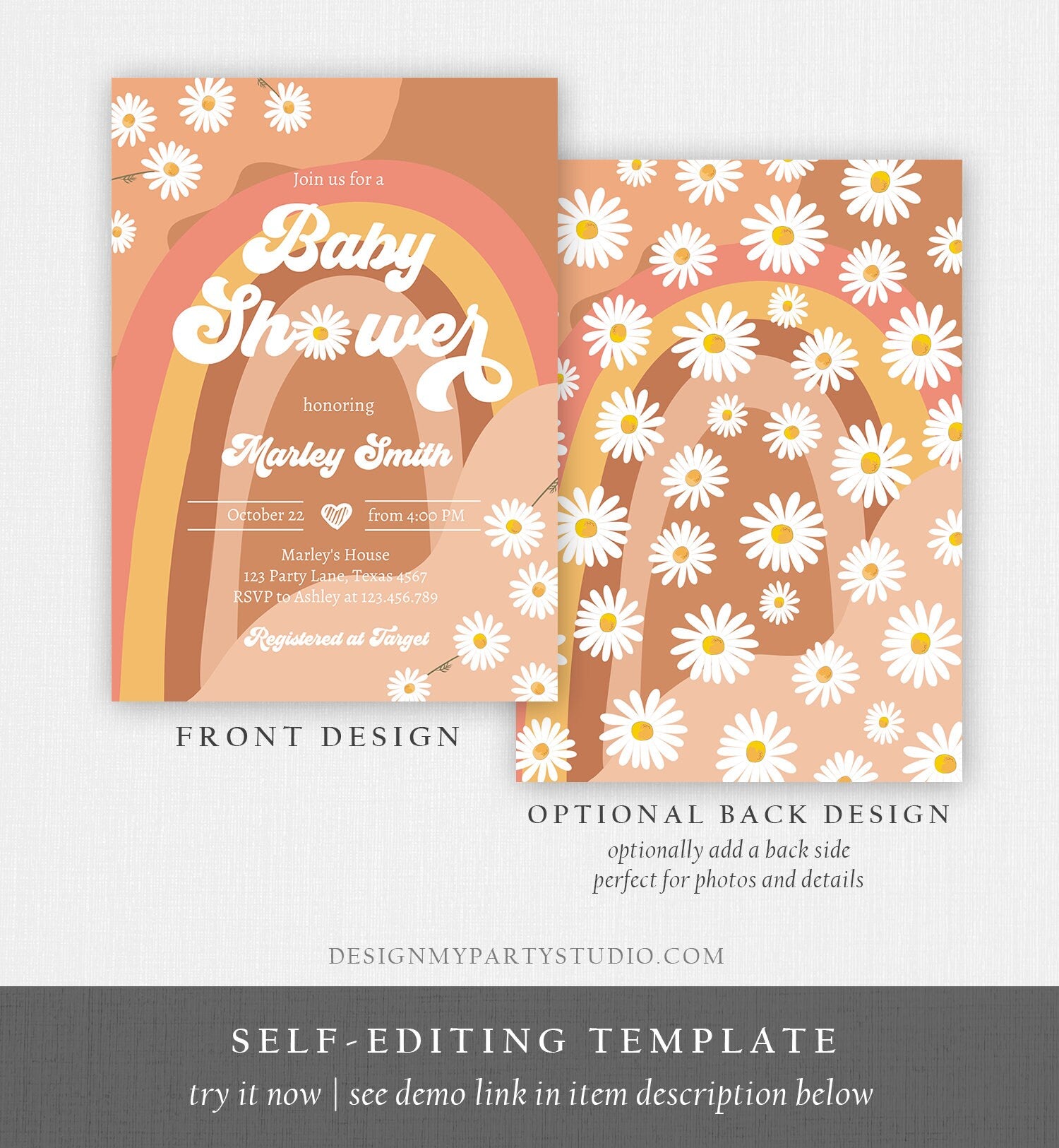 Editable Retro Groovy Baby Shower Invitation Boho Daisy Rainbow Flower Power 70's Hippie Bohemian Digital Evite Template Printable 0428