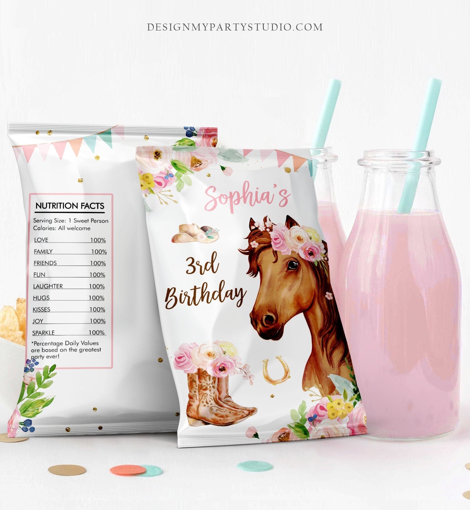 Editable Horse Birthday Chip Bag Cowgirl Party Decor Girl Pony Birthday Saddle Up Pink Floral Horse Snack Favors Digital Corjl Template 0408