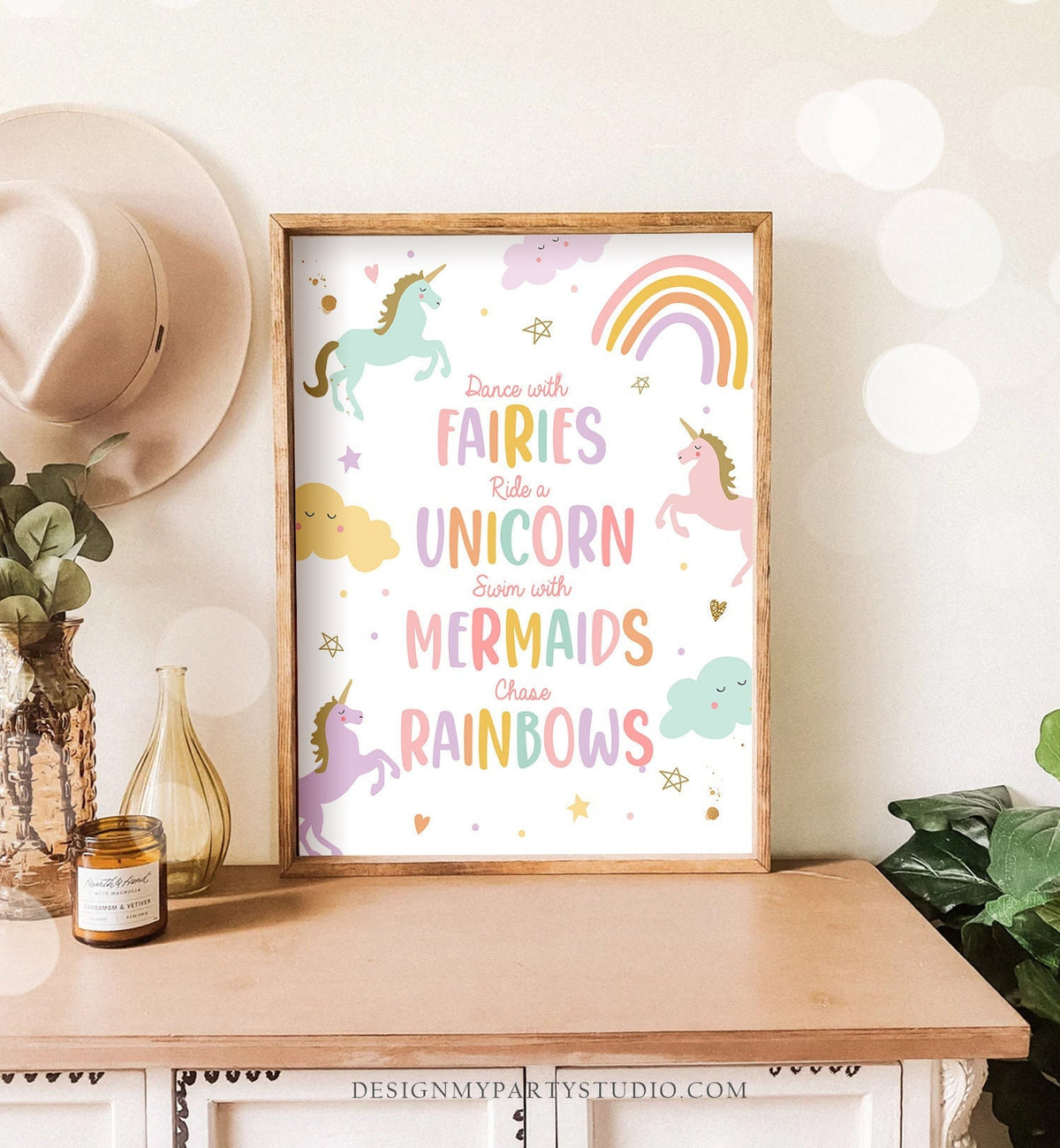 Unicorn Party Sign Dance With Fairies Ride A Unicorn Swim With Mermaids Chase Rainbows Table sign Girl Nursery Birthday decor Printable 0426