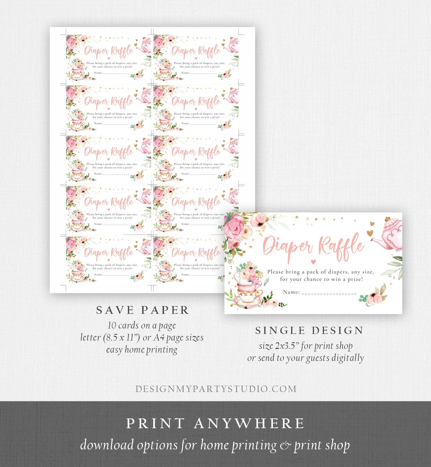 Editable Diaper Raffle Ticket Diaper Game Card Baby is Brewing Baby Shower Tea Floral Brunch Pink Download Template Corjl PRINTABLE 0349