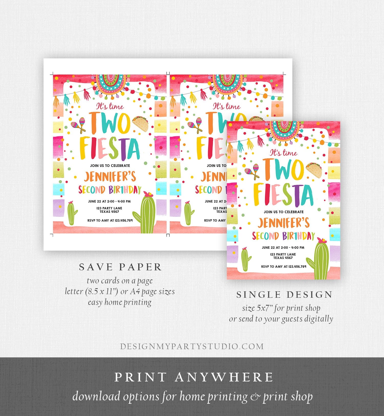 Editable It's Time Two Fiesta Birthday Invitation Second Birthday 2nd Cactus Mexican Boy Girl Cactus Download Corjl Template Printable 0134