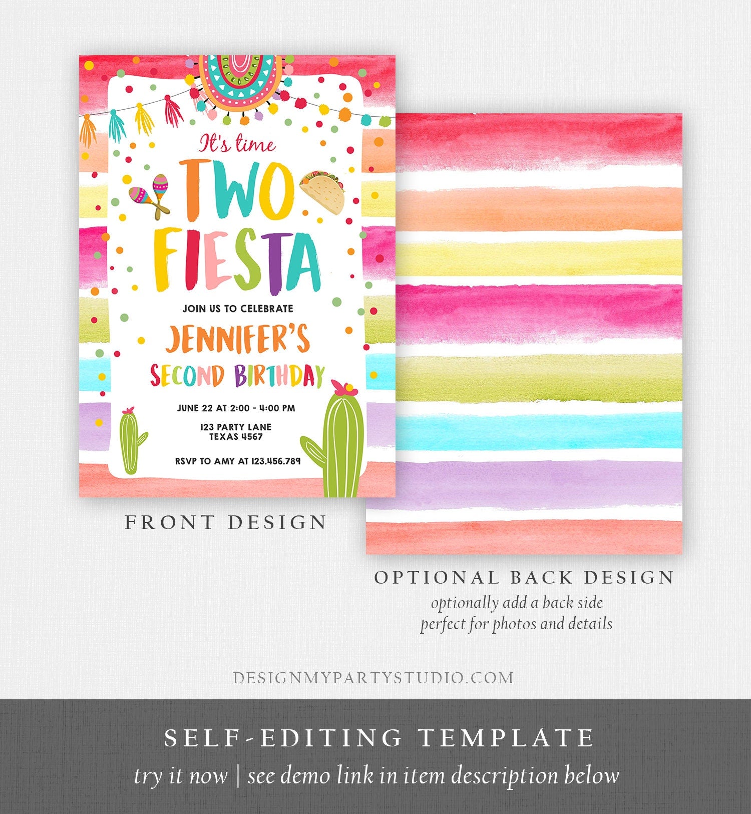 Editable It's Time Two Fiesta Birthday Invitation Second Birthday 2nd Cactus Mexican Boy Girl Cactus Download Corjl Template Printable 0134